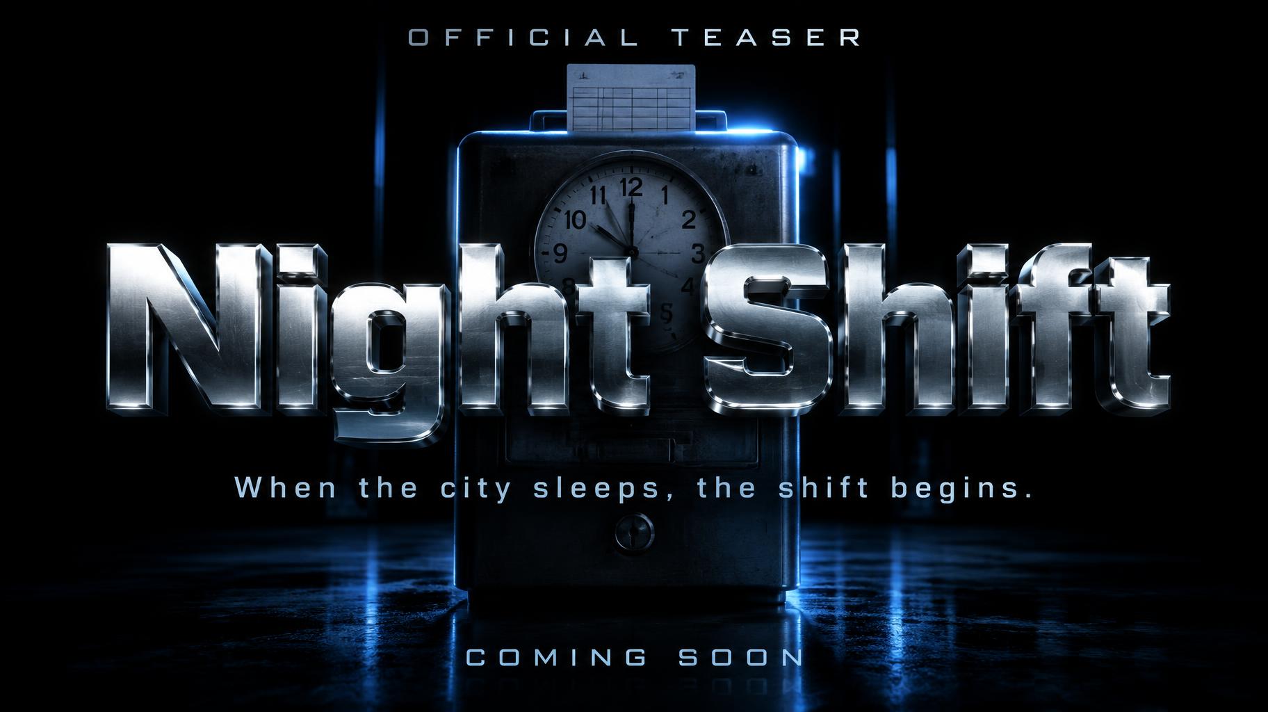 "Night Shift
When the city sleeps, the shift begins.
OFFICIAL TEASER
COMING SOON" — Chrome Metal 3d | AI Text Effect Generator