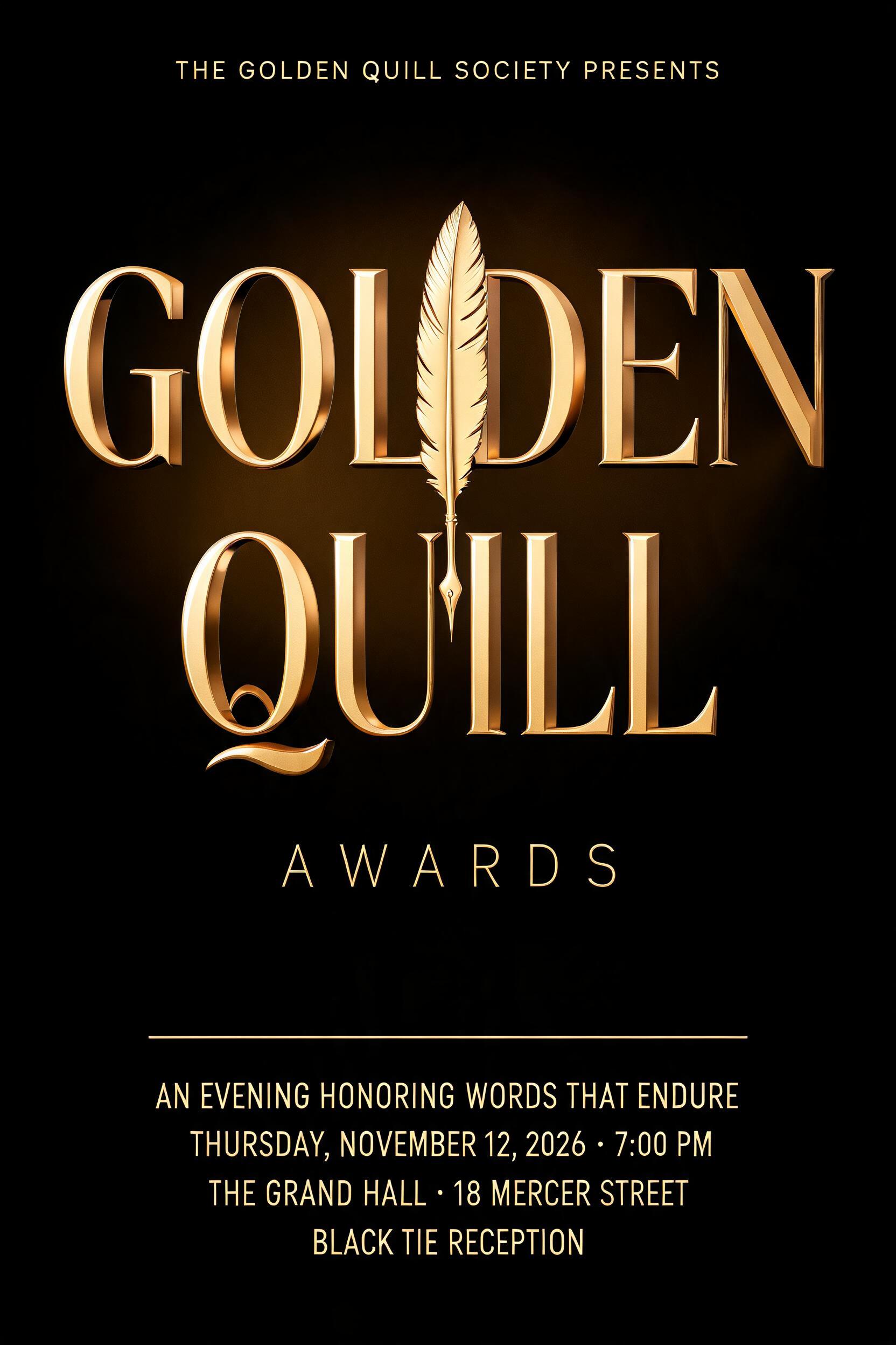"THE GOLDEN QUILL SOCIETY PRESENTS
GOLDEN
QUILL
AWARDS
AN EVENING HONORING WORDS THAT ENDURE
THURSDAY, NOVEMBER 12, 2026 · 7:00 PM
THE GRAND HALL · 18 MERCER STREET
BLACK TIE RECEPTION" — 3d Bold Gold | AI Text Effect Generator