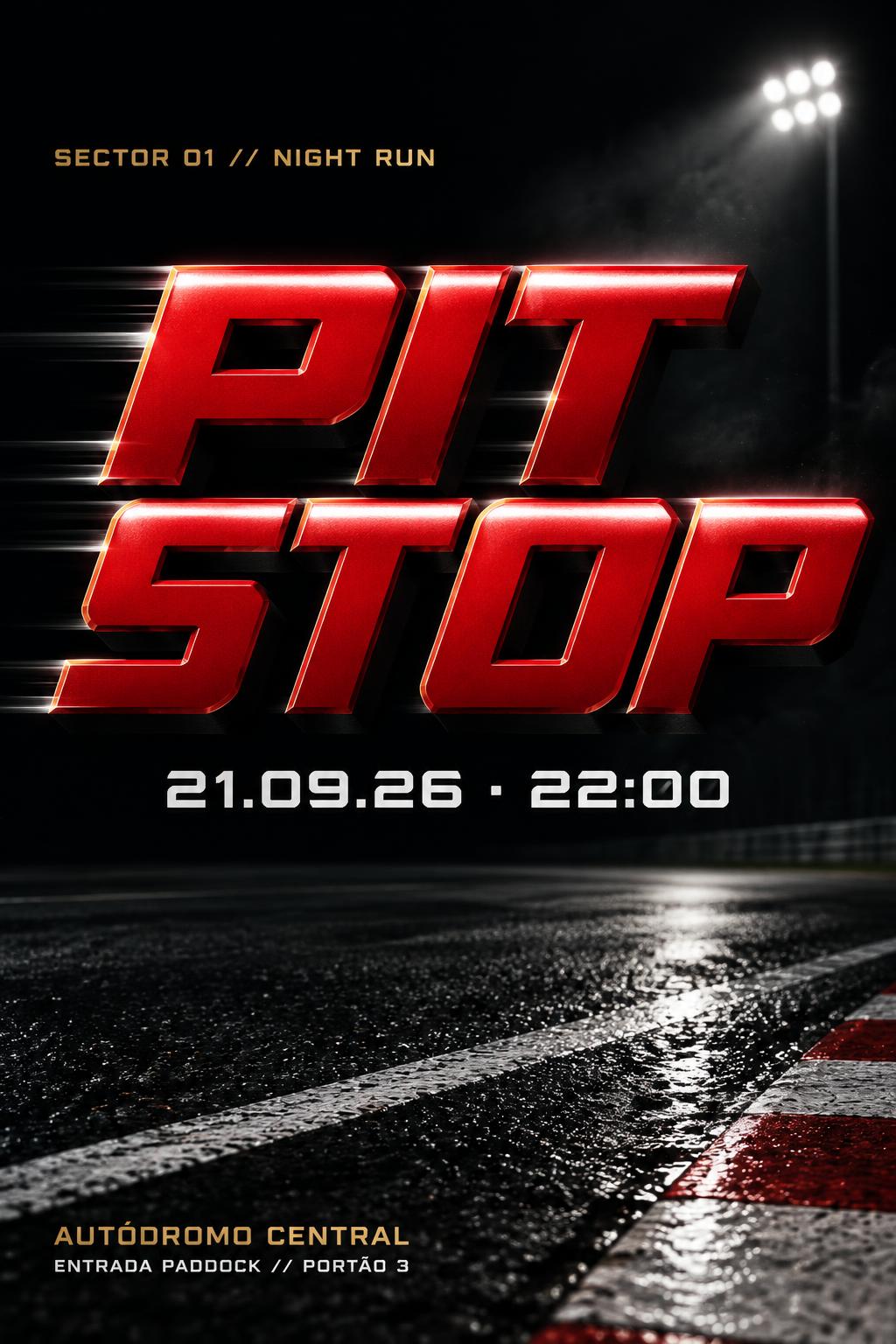 "PIT
STOP
SECTOR 01 // NIGHT RUN
21.09.26 · 22:00
AUTÓDROMO CENTRAL
ENTRADA PADDOCK // PORTÃO 3" — Racing | AI Text Effect Generator