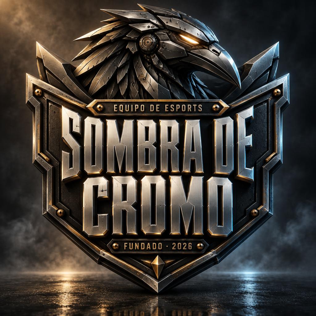 "SOMBRA DE CROMO
EQUIPO DE ESPORTS
FUNDADO · 2026" — metallic text effect