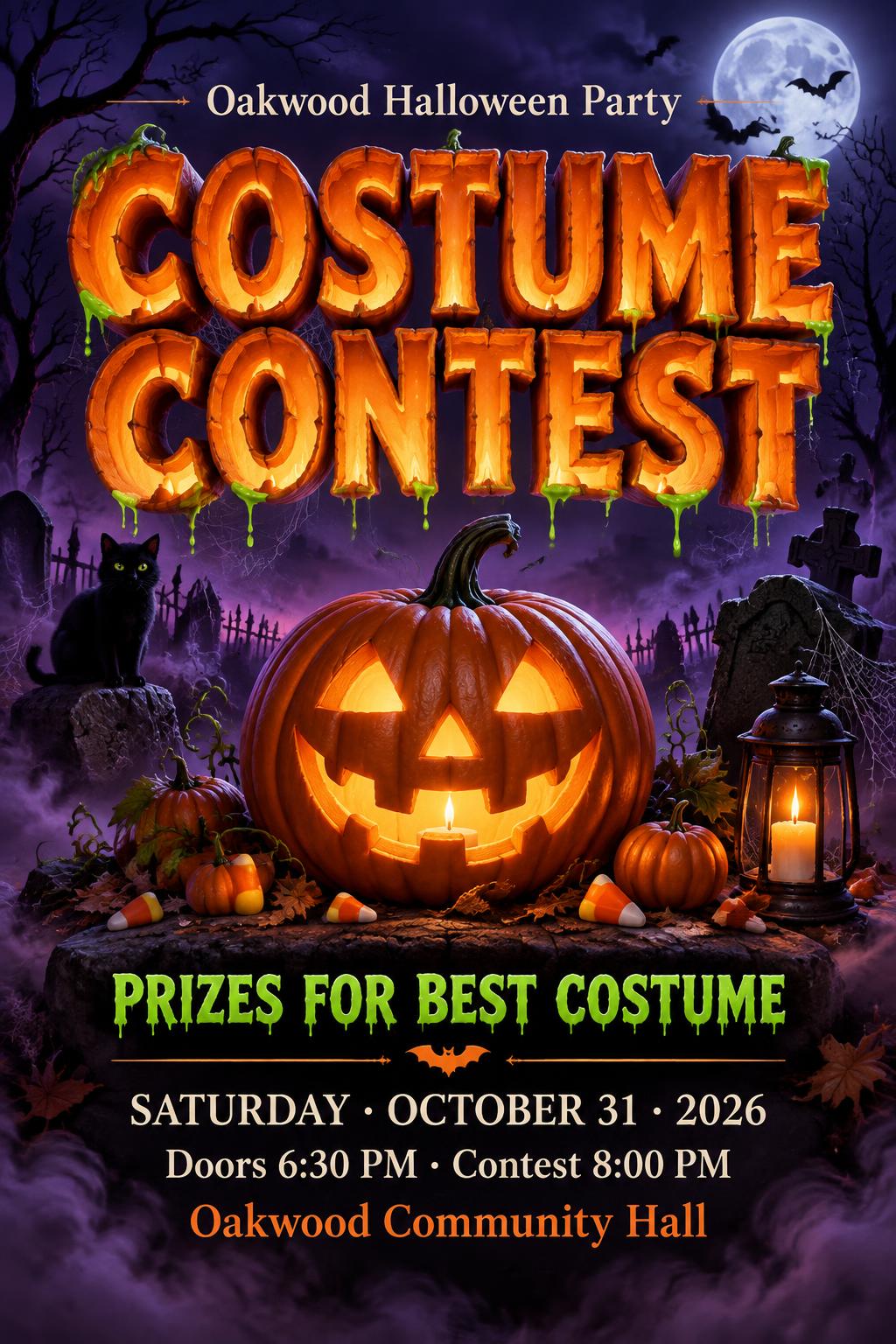 COSTUME CONTEST
Oakwood Halloween Party
PRIZES FOR BEST COSTUME
SATURDAY · OCTOBER 31 · 2026
Doors 6:30 PM · Contest 8:00 PM
Oakwood Community Hall