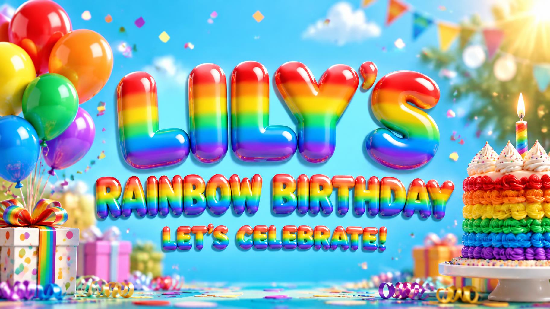 "LILY'S
RAINBOW BIRTHDAY
LET'S CELEBRATE!" — Rainbow | AI Text Effect Generator