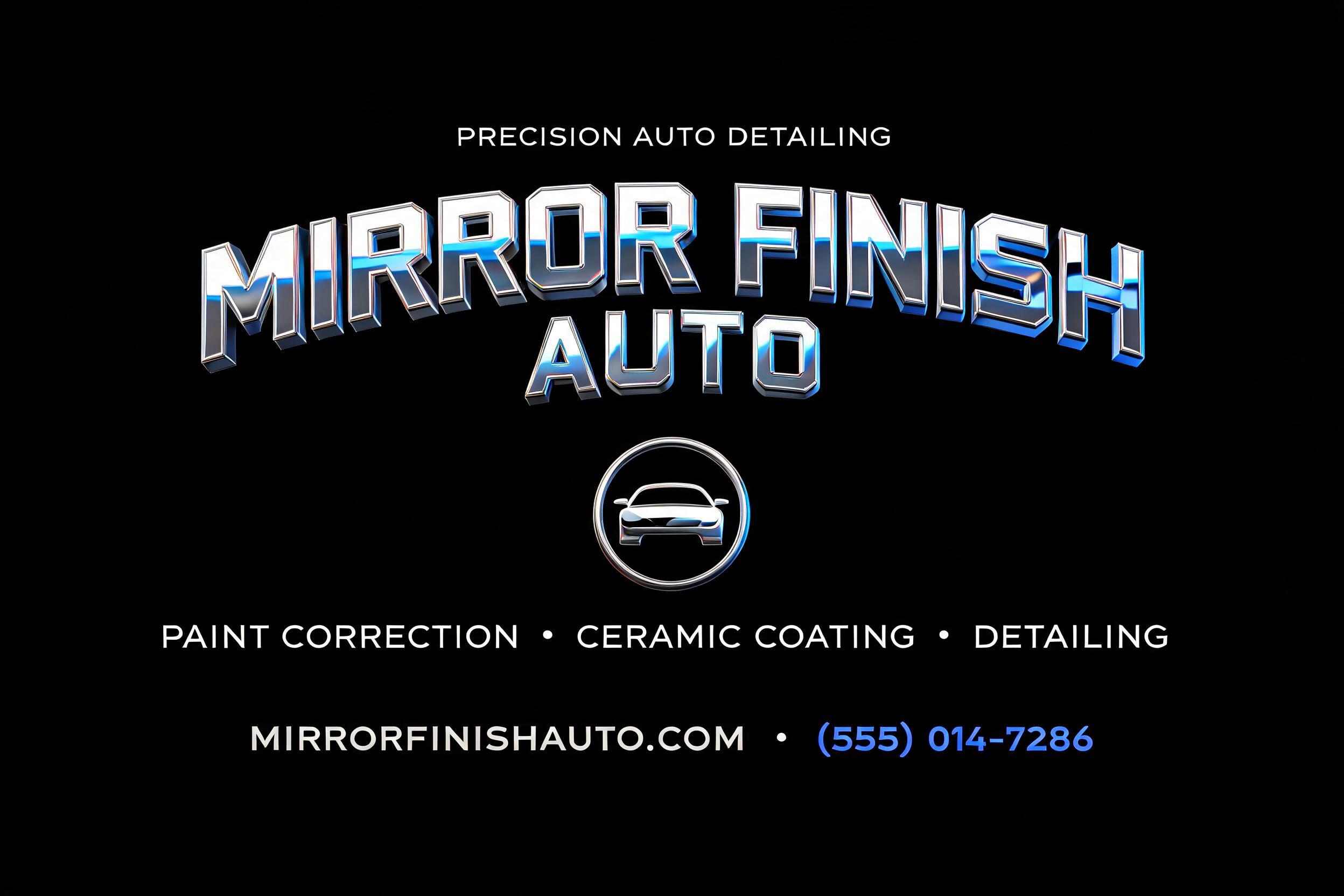 "PRECISION AUTO DETAILING
MIRROR FINISH
AUTO
PAINT CORRECTION  •  CERAMIC COATING  •  DETAILING
MIRRORFINISHAUTO.COM  •  (555) 014-7286" — Chrome Metal 3d | AI Text Effect Generator