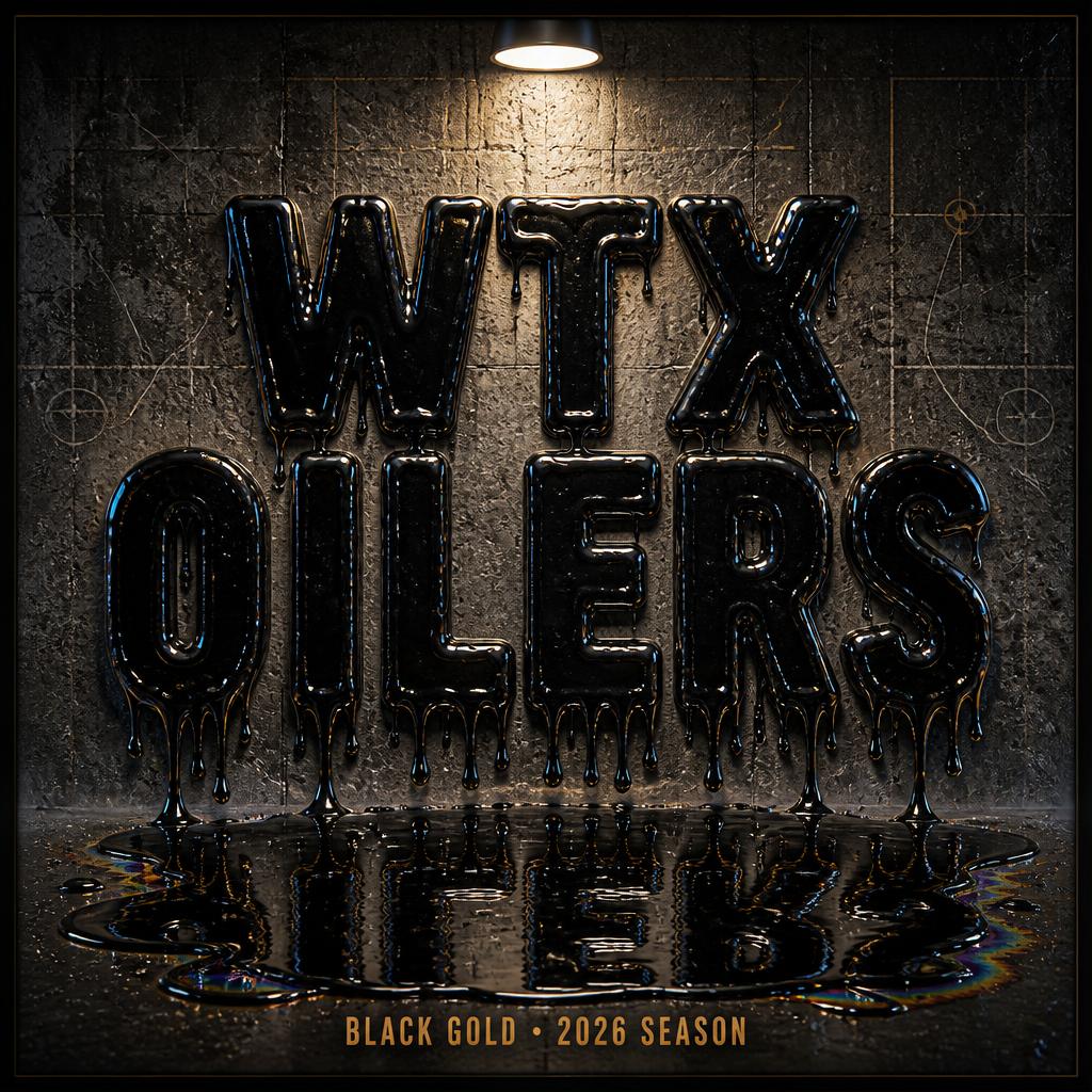"WTX OILERS
BLACK GOLD • 2026 SEASON" — Drip Font text effect