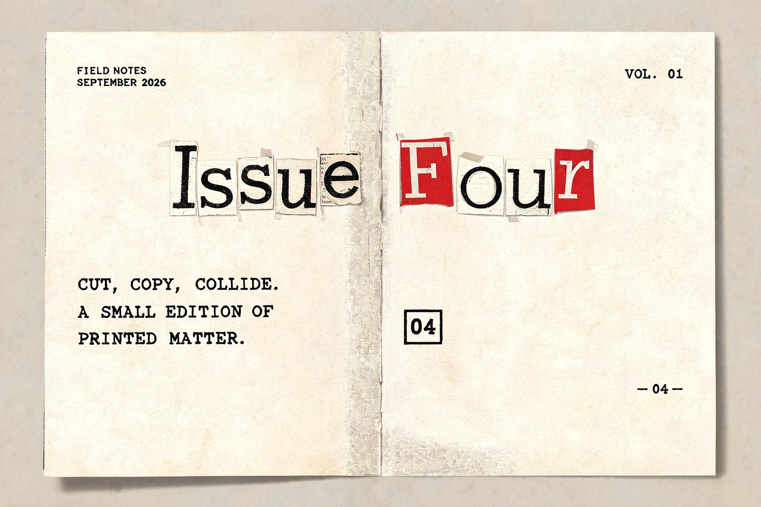 "Issue Four
FIELD NOTES / SEPTEMBER 2026
VOL. 01
CUT, COPY, COLLIDE.
A SMALL EDITION OF
PRINTED MATTER.
04
— 04 —" — typewriter text effect