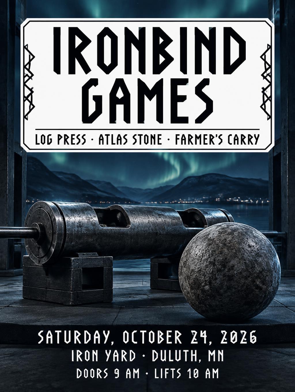 "IRONBIND
GAMES
LOG PRESS · ATLAS STONE · FARMER'S CARRY
SATURDAY, OCTOBER 24, 2026
IRON YARD · DULUTH, MN
DOORS 9 AM · LIFTS 10 AM" — Viking Runic | AI Text Effect Generator