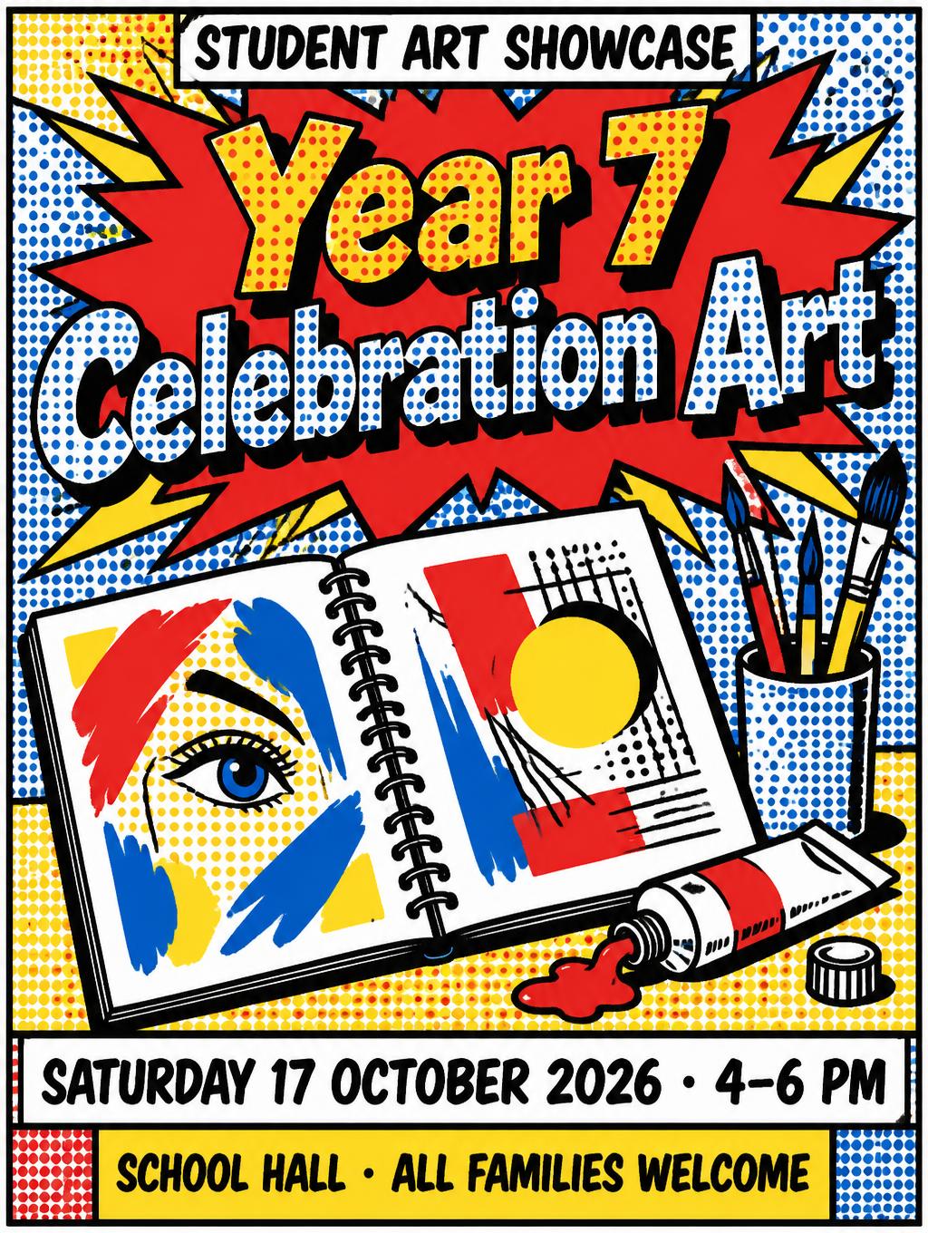 Year 7
Celebration Art
STUDENT ART SHOWCASE
SATURDAY 17 OCTOBER 2026 · 4–6 PM
SCHOOL HALL · ALL FAMILIES WELCOME