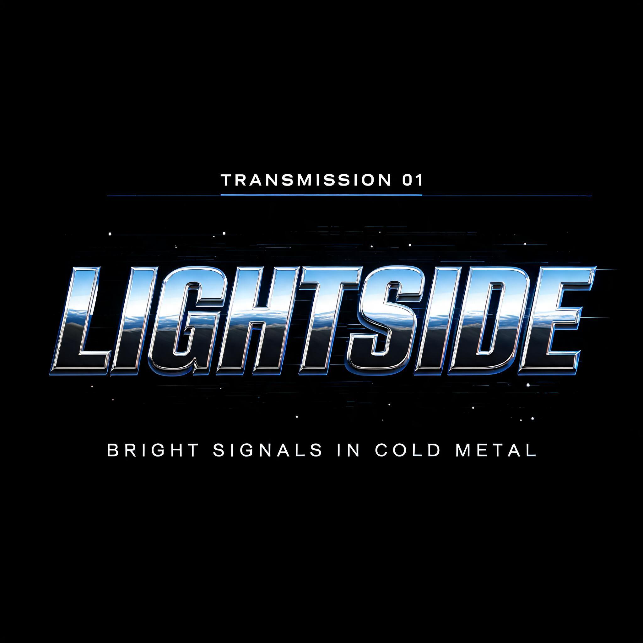 "LIGHTSIDE
TRANSMISSION 01
BRIGHT SIGNALS IN COLD METAL" — Chrome Metal 3d | AI Text Effect Generator