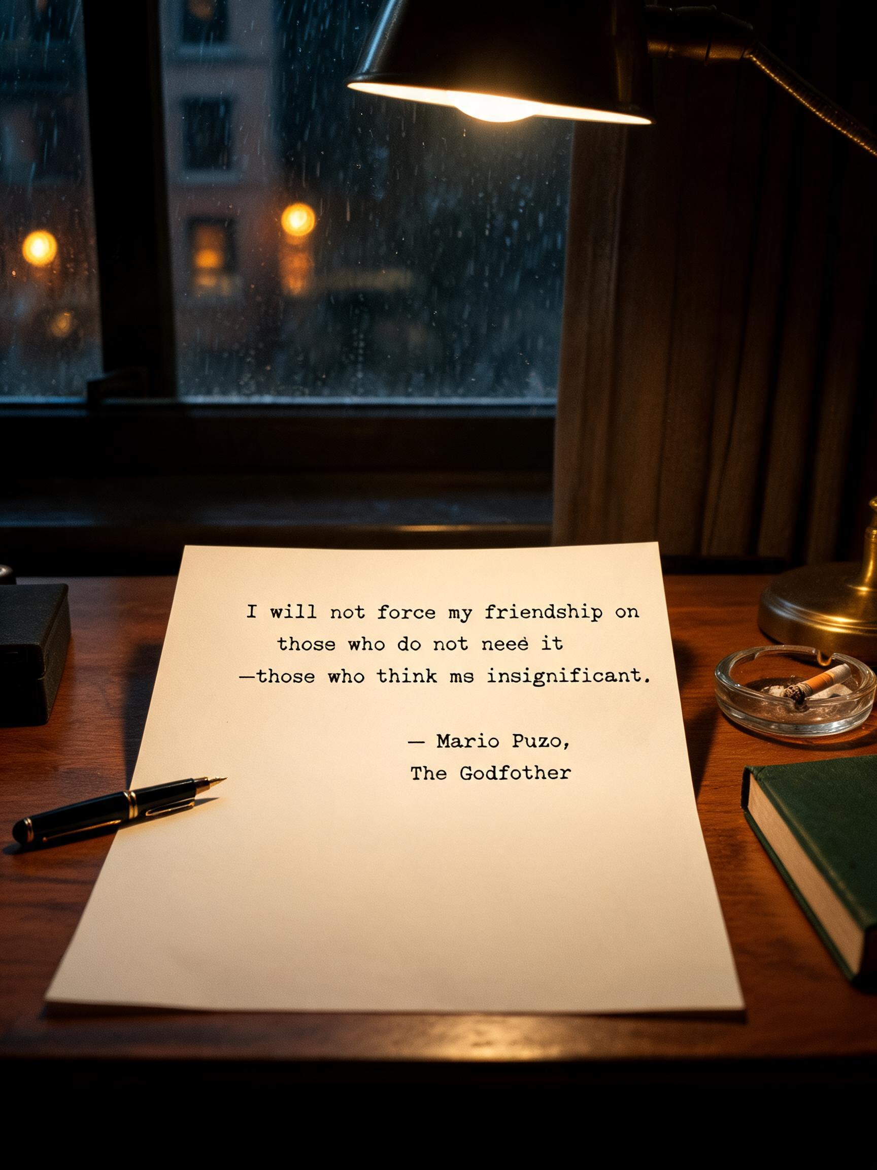 "𝘐 𝘸𝘪𝘭𝘭 𝘯𝘰𝘵 𝘧𝘰𝘳𝘤𝘦 𝘮𝘺 𝘧𝘳𝘪𝘦𝘯𝘥𝘴𝘩𝘪𝘱 𝘰𝘯 𝘵𝘩𝘰𝘴𝘦 𝘸𝘩𝘰 𝘥𝘰 𝘯𝘰𝘵 𝘯𝘦𝘦𝘥 𝘪𝘵 —𝘵𝘩𝘰𝘴𝘦 𝘸𝘩𝘰 𝘵𝘩𝘪𝘯𝘬 𝘮𝘦 𝘪𝘯𝘴𝘪𝘨𝘯𝘪𝘧𝘪𝘤𝘢𝘯𝘵.
— 𝘔𝘢𝘳𝘪𝘰 𝘗𝘶𝘻𝘰, 𝘛𝘩𝘦 𝘎𝘰𝘥𝘧𝘢𝘵𝘩𝘦𝘳" —  | AI Text Effect Generator