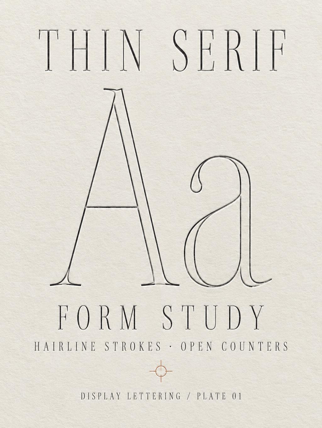 "THIN SERIF
Aa
FORM STUDY
HAIRLINE STROKES · OPEN COUNTERS
DISPLAY LETTERING / PLATE 01" — Ivory Ink Impression | AI Text Effect Generator