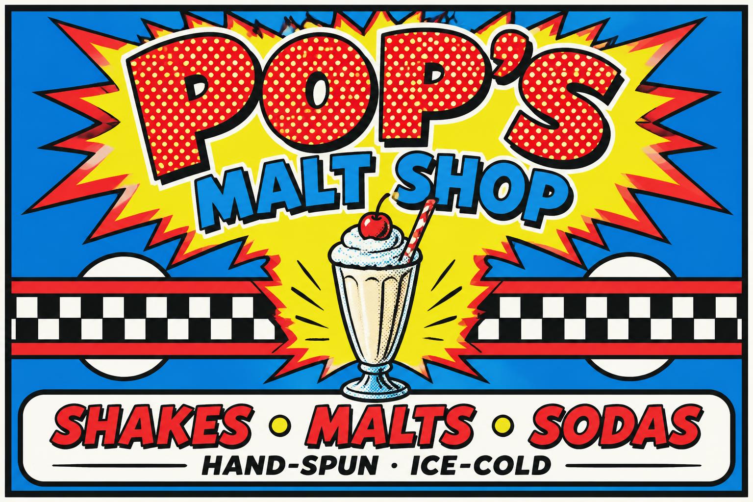 "POP'S
MALT SHOP
SHAKES • MALTS • SODAS
HAND-SPUN · ICE-COLD" — Pop Art text effect
