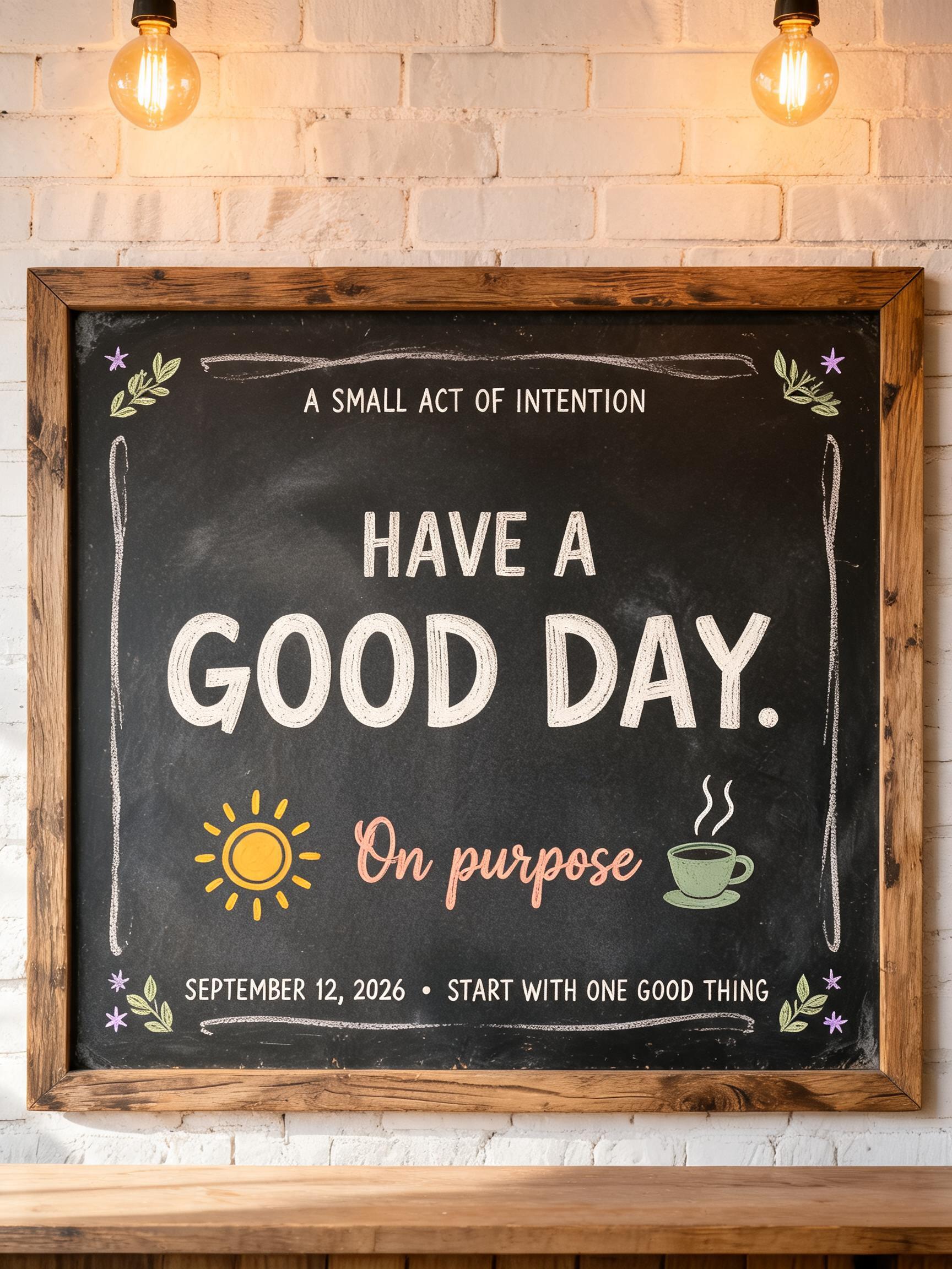 HAVE A
GOOD DAY.
On purpose
A SMALL ACT OF INTENTION
SEPTEMBER 12, 2026  •  START WITH ONE GOOD THING