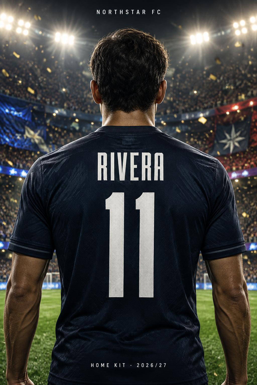 "11
RIVERA
NORTHSTAR FC
HOME KIT · 2026/27" — Sports Football | AI Text Effect Generator