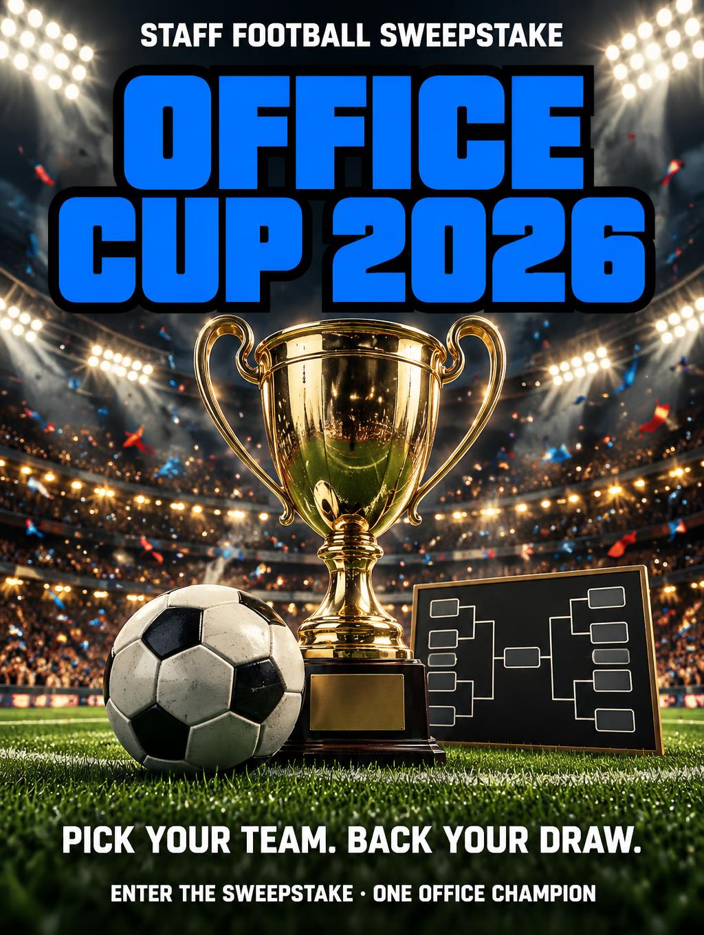 "OFFICE CUP 2026
STAFF FOOTBALL SWEEPSTAKE
PICK YOUR TEAM. BACK YOUR DRAW.
ENTER THE SWEEPSTAKE · ONE OFFICE CHAMPION" — Sports Football | AI Text Effect Generator