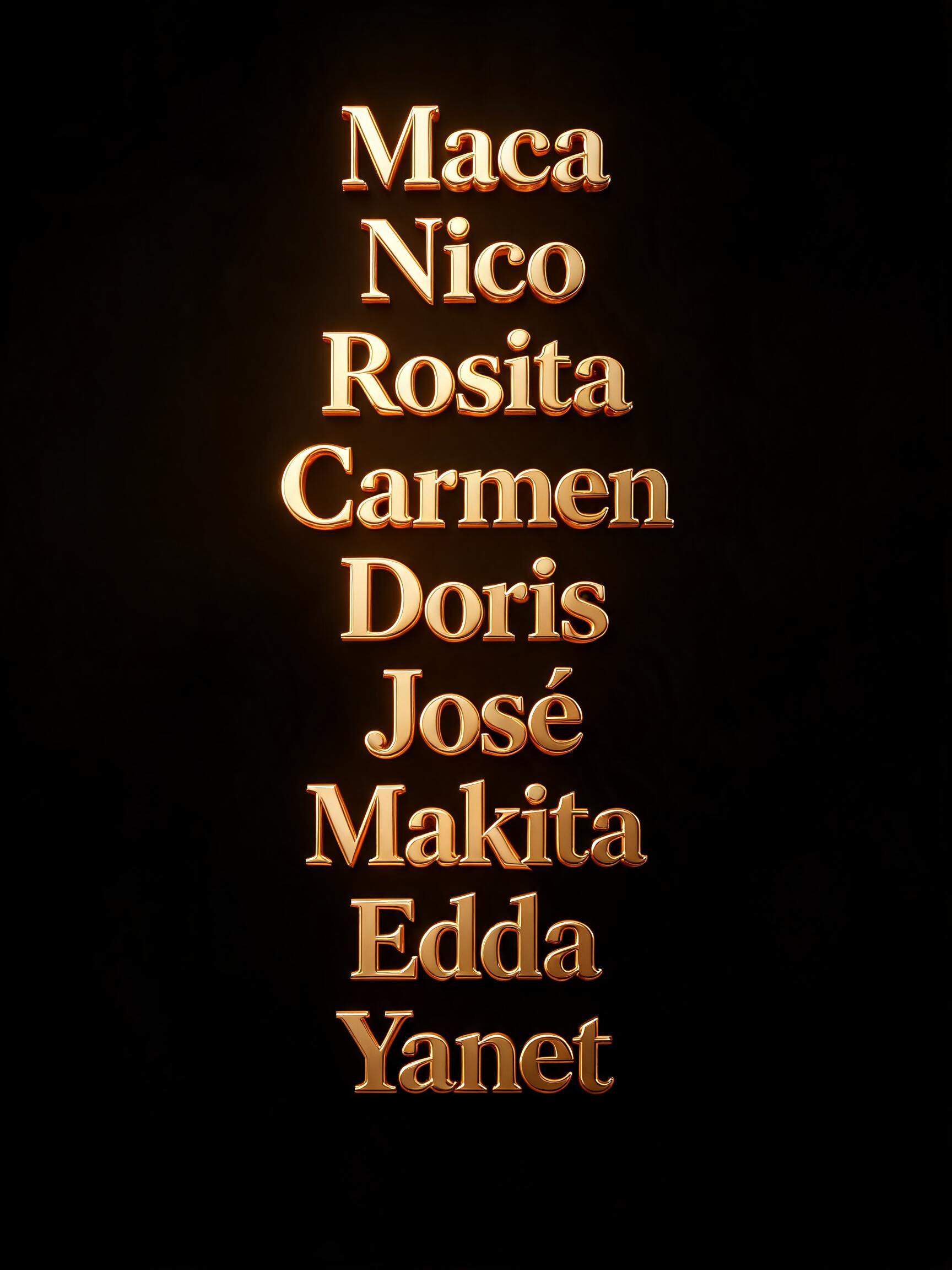 "Maca
Nico
Rosita 
Carmen
Doris
José 
Makita
Edda
Yanet" — 3d Bold Gold | AI Text Effect Generator