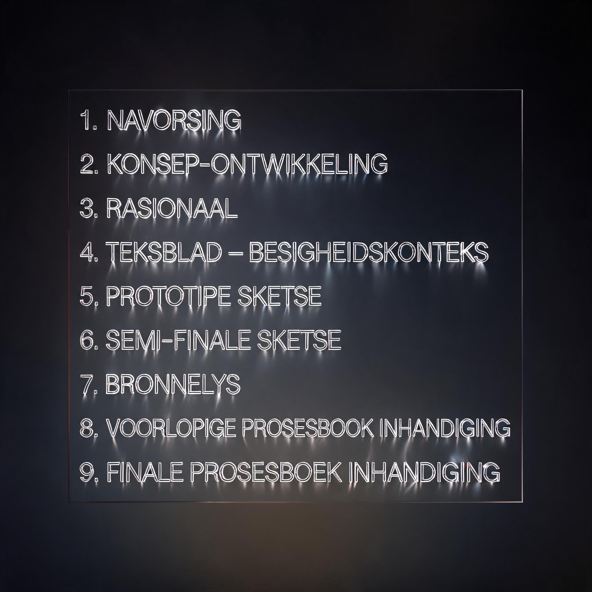 "1. NAVORSING
2. KONSEP-ONTWIKKELING
3. RASIONAAL
4. TEKSBLAD – BESIGHEIDSKONTEKS
5. PROTOTIPE SKETSE
6. SEMI-FINALE SKETSE
7. BRONNELYS
8. VOORLOPIGE PROSESBOEK INHANDIGING
9. FINALE PROSESBOEK INHANDIGING" — Glass | AI Text Effect Generator