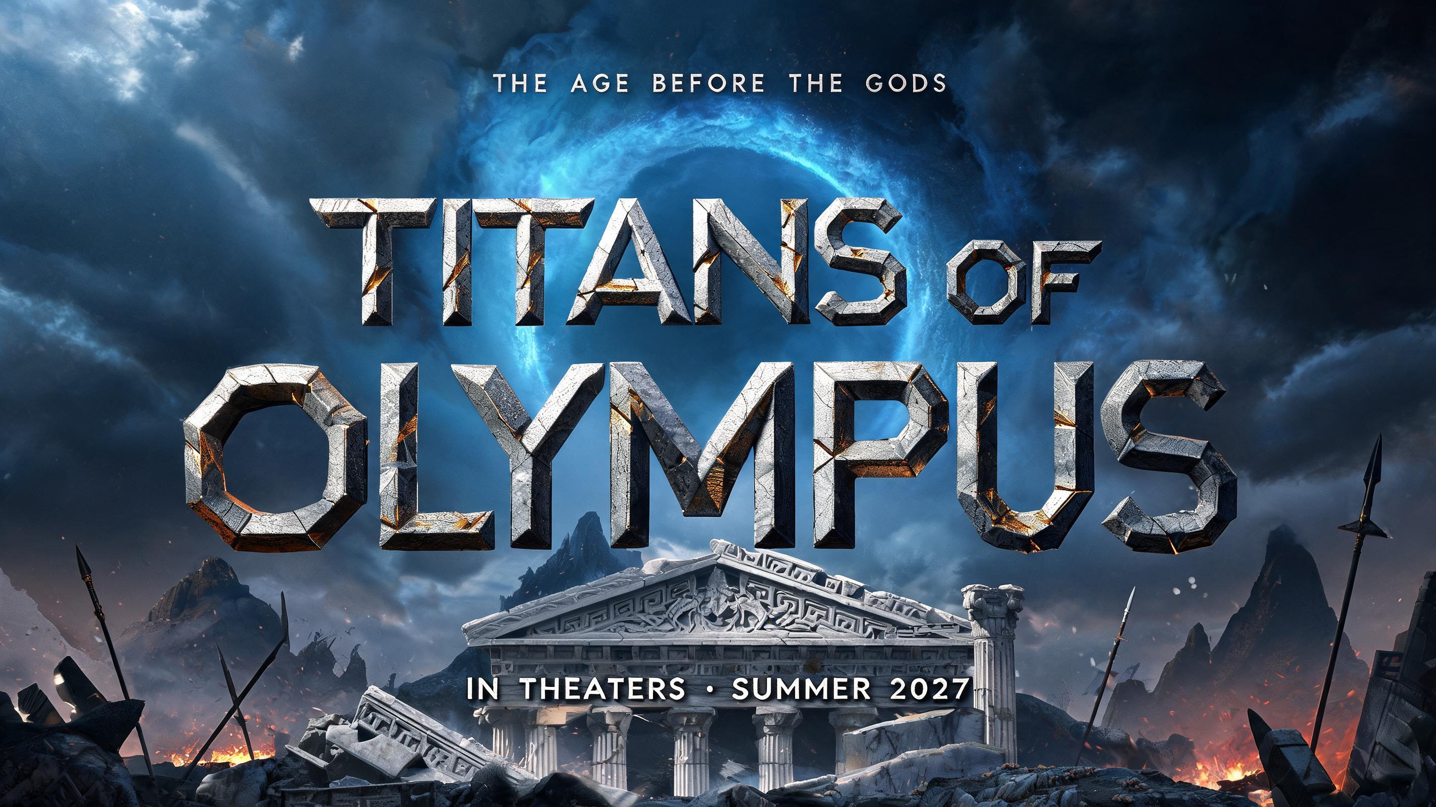 "THE AGE BEFORE THE GODS
TITANS OF
OLYMPUS
IN THEATERS · SUMMER 2027" — Viking text effect
