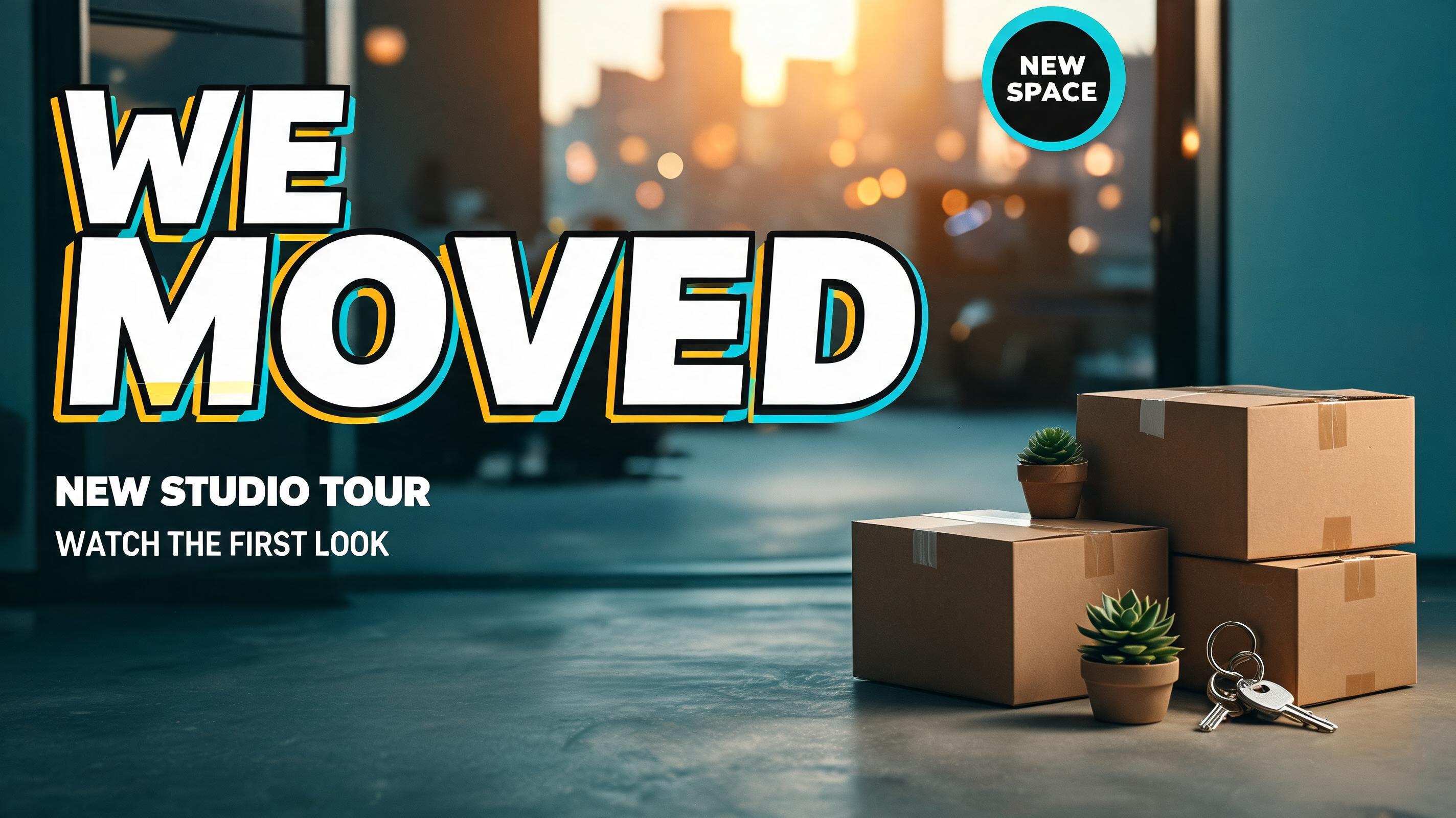 "WE
MOVED
VIBE HOUSE
NEW STUDIO TOUR
WATCH THE FIRST LOOK
NEW SPACE" — Cinematic Youtube Creator | AI Text Effect Generator