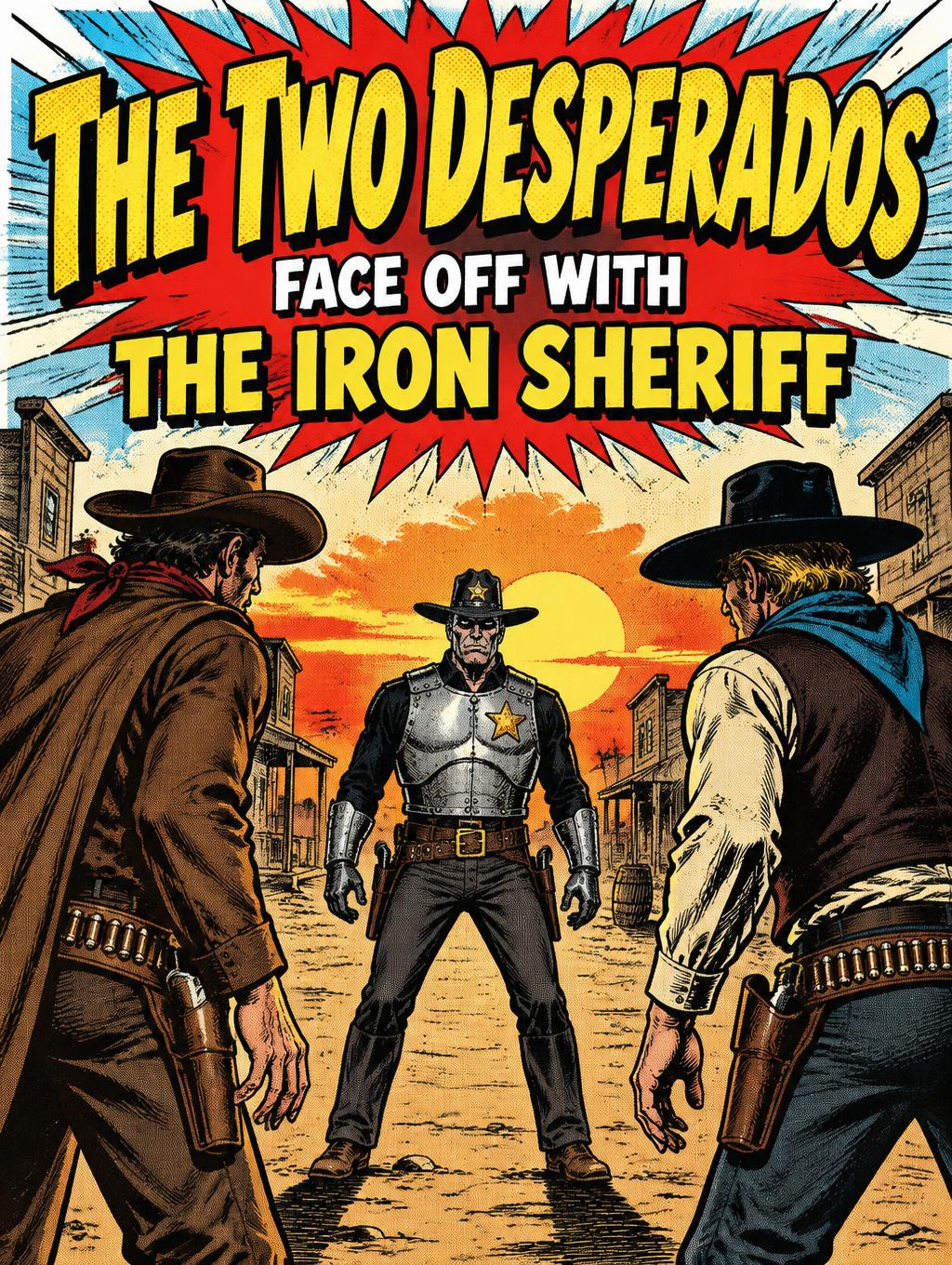 "THE TWO DESPERADOS
FACE OFF WITH
THE IRON SHERIFF" — Comic Book | AI Text Effect Generator