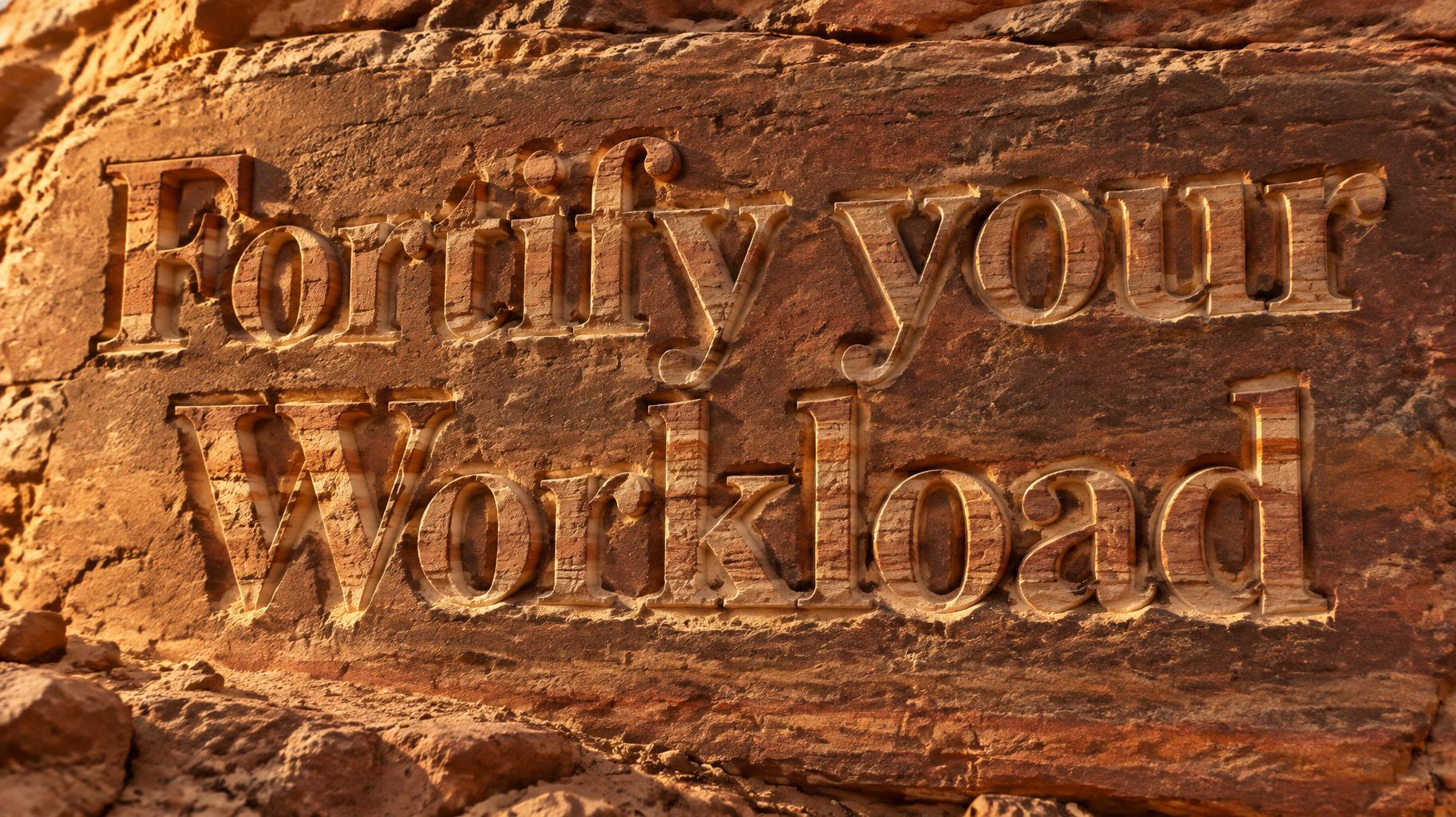 "Fortify your Workload" — Sand Stone text effect