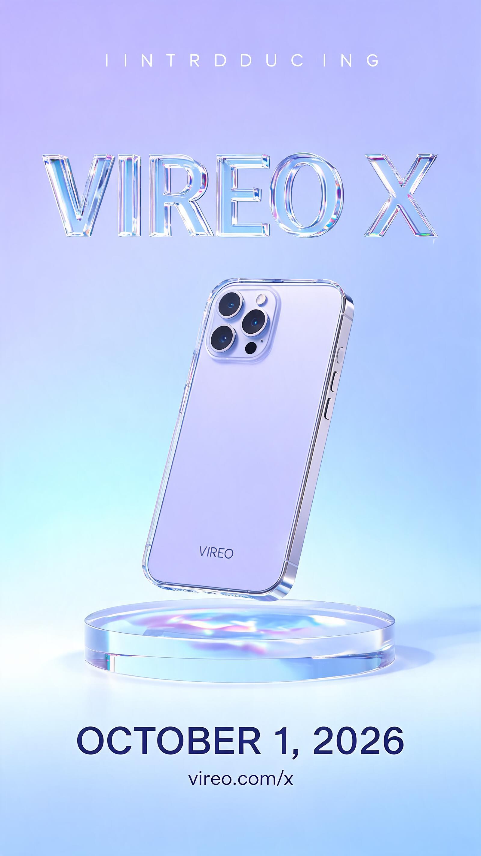 "VIREO X
INTRODUCING
OCTOBER 1, 2026
vireo.com/x" — Glass | AI Text Effect Generator