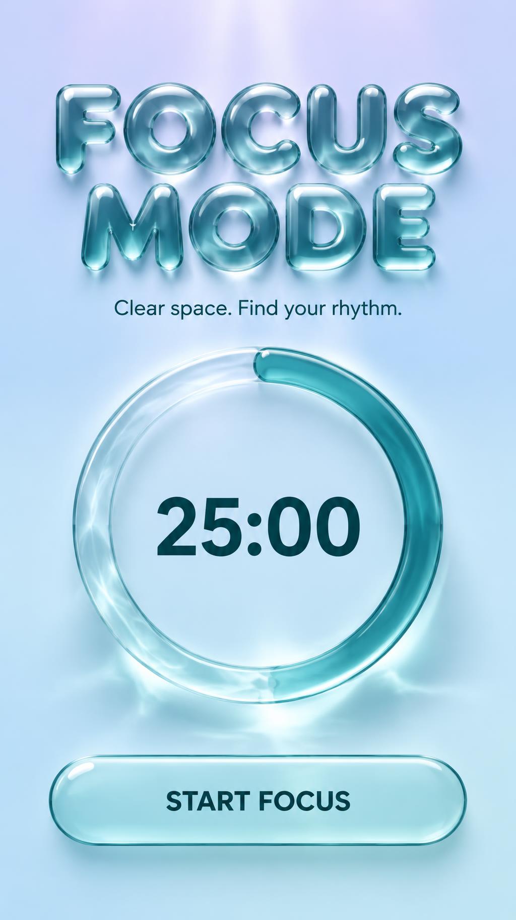 "FOCUS MODE
Clear space. Find your rhythm.
25:00
START FOCUS" — Glass Liquid | AI Text Effect Generator