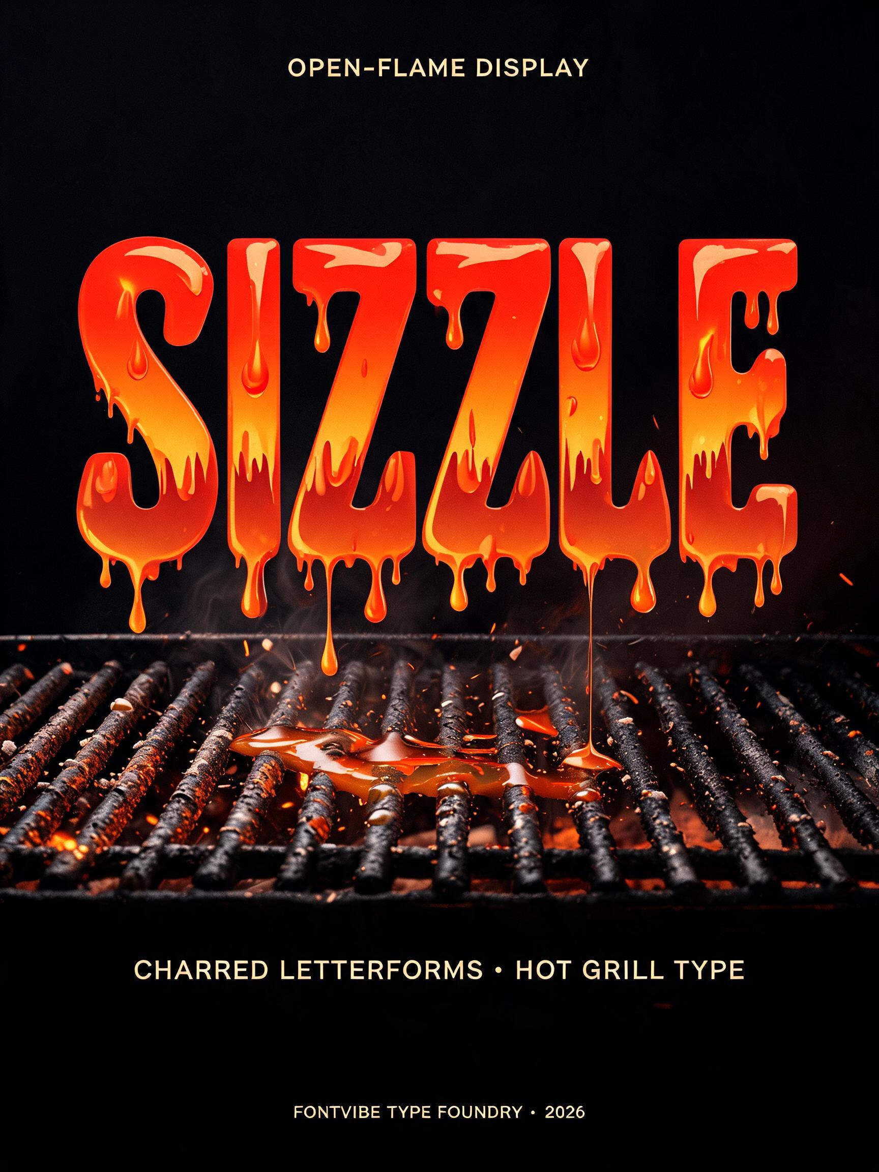 "SIZZLE
OPEN-FLAME DISPLAY
CHARRED LETTERFORMS · HOT GRILL TYPE
FONTVIBE TYPE FOUNDRY · 2026" — Drip Font Melting | AI Text Effect Generator