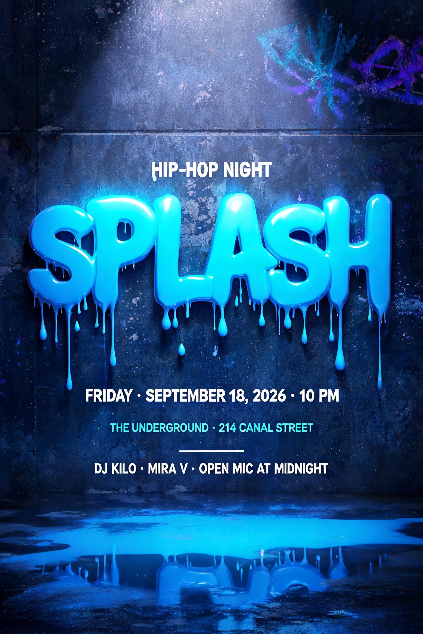 "SPLASH
HIP-HOP NIGHT
FRIDAY · SEPTEMBER 18, 2026 · 10 PM
THE UNDERGROUND · 214 CANAL STREET
DJ KILO · MIRA V · OPEN MIC AT MIDNIGHT" — Drip Font | AI Text Effect Generator