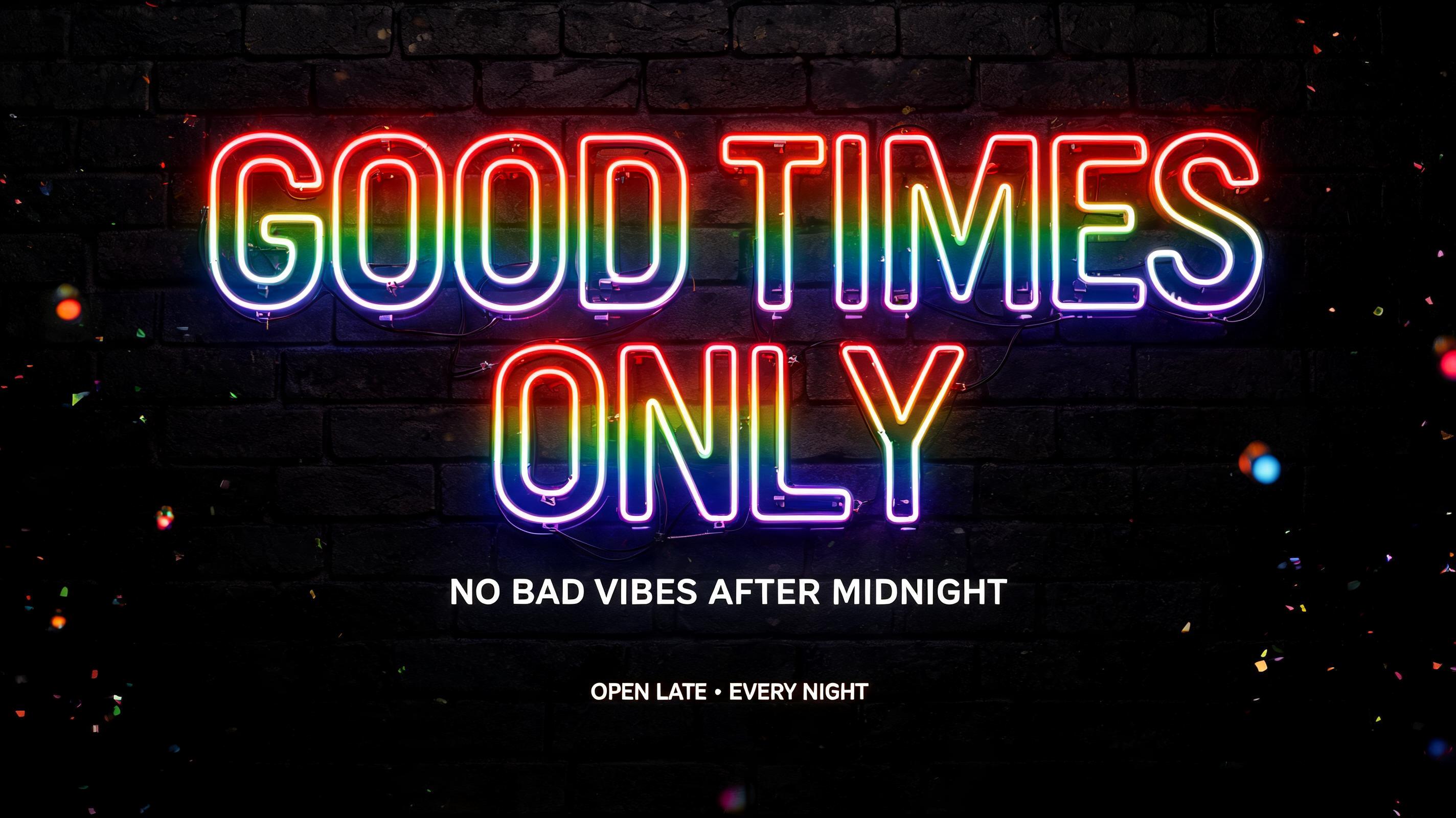 "GOOD TIMES
ONLY
NO BAD VIBES AFTER MIDNIGHT
OPEN LATE • EVERY NIGHT" — Rainbow | AI Text Effect Generator