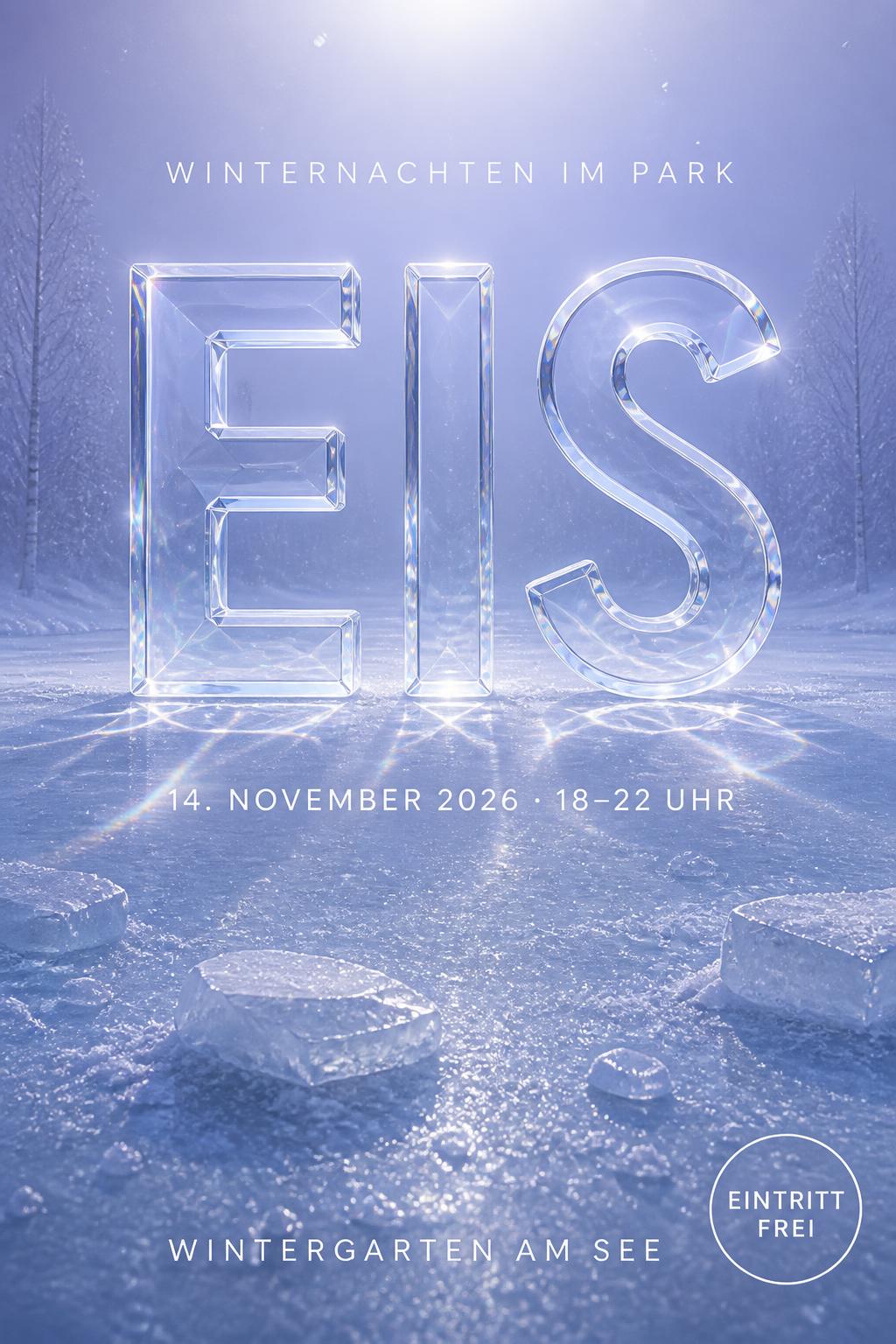 "EIS
WINTERNACHTEN IM PARK
14. NOVEMBER 2026 · 18–22 UHR
WINTERGARTEN AM SEE
EINTRITT FREI" — Glass | AI Text Effect Generator