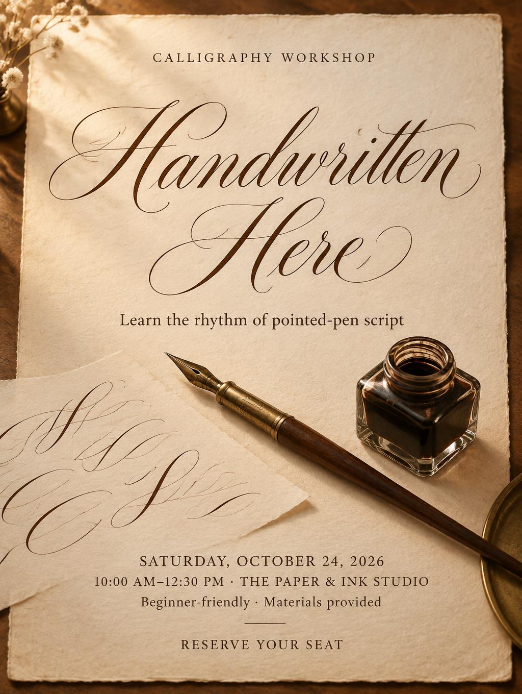 "CALLIGRAPHY WORKSHOP
Handwritten Here
Learn the rhythm of pointed-pen script
SATURDAY, OCTOBER 24, 2026
10:00 AM–12:30 PM · THE PAPER & INK STUDIO
Beginner-friendly · Materials provided
RESERVE YOUR SEAT" — Handwritten Script | AI Text Effect Generator
