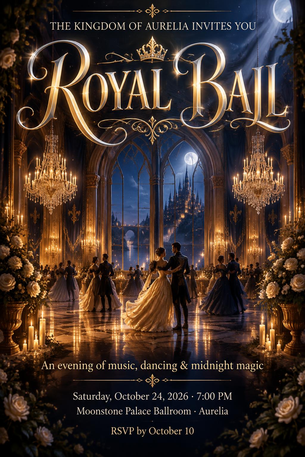 "ROYAL BALL
THE KINGDOM OF AURELIA INVITES YOU
An evening of music, dancing & midnight magic
Saturday, October 24, 2026 · 7:00 PM
Moonstone Palace Ballroom · Aurelia
RSVP by October 10" — Fairy Tale | AI Text Effect Generator