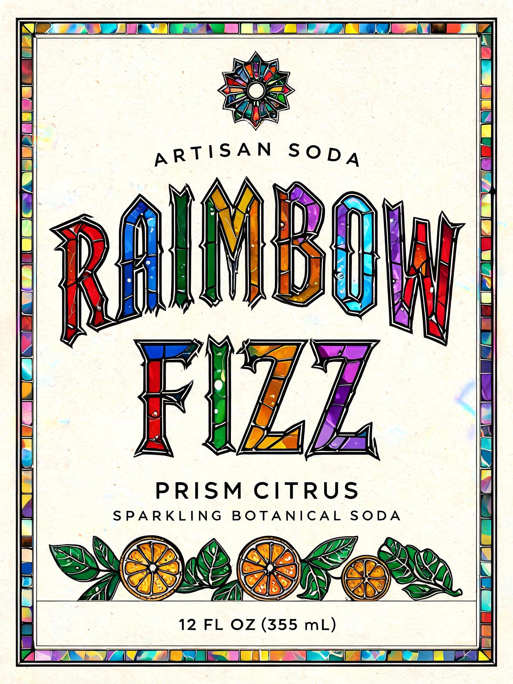 "Design a product label for the artisan soda Rainbow Fizz" — Glass Color text effect