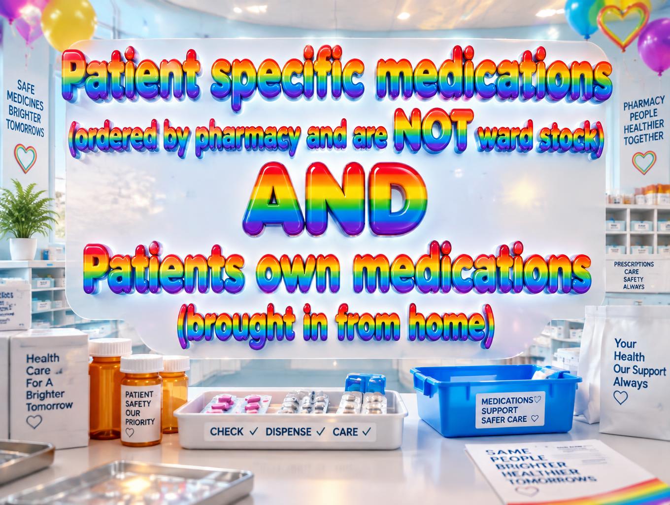 "Patient specific medications   
(ordered by pharmacy and are NOT ward stock)
AND
Patients own medications 
(brought in from home)" — Rainbow | AI Text Effect Generator