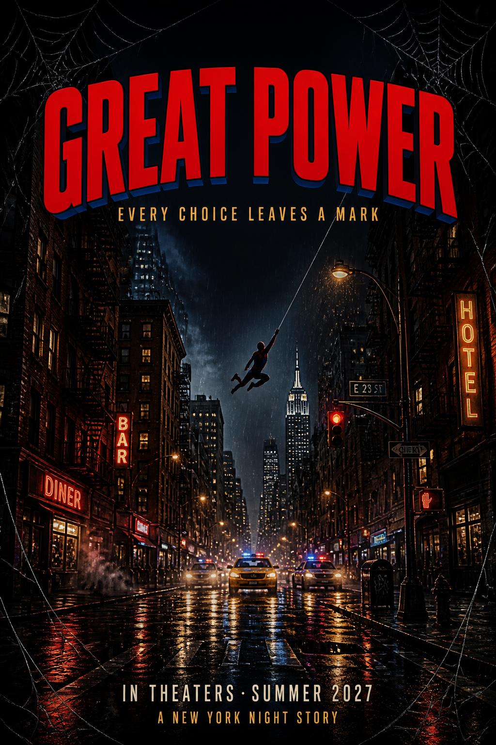 "GREAT POWER
EVERY CHOICE LEAVES A MARK
IN THEATERS · SUMMER 2027
A NEW YORK NIGHT STORY" — Spider Hero | AI Text Effect Generator