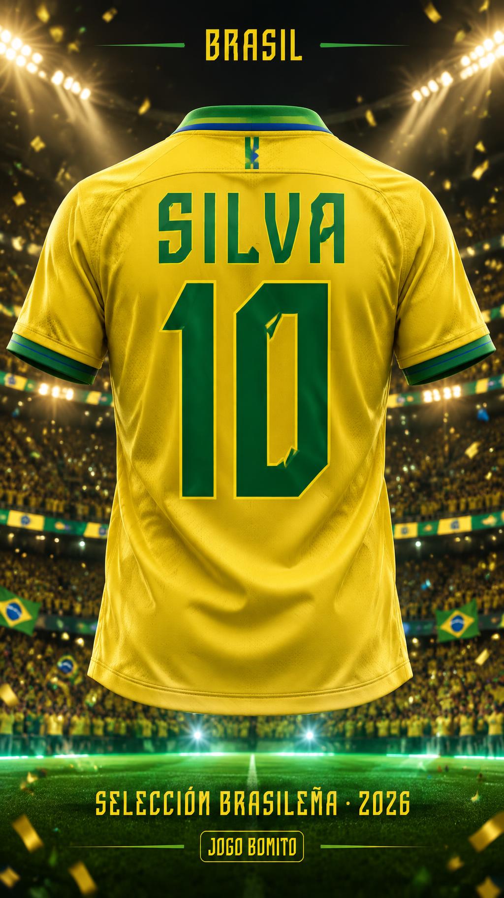 "SILVA 10
BRASIL
SELECCIÓN BRASILEÑA · 2026
JOGO BONITO" — Sports Football | AI Text Effect Generator