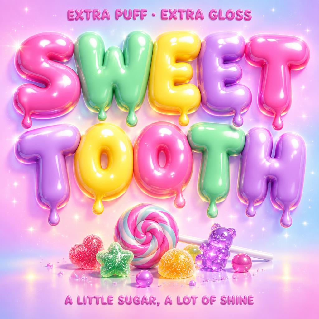 "SWEET
TOOTH
EXTRA PUFF · EXTRA GLOSS
A LITTLE SUGAR, A LOT OF SHINE" — Y2k Bubbly | AI Text Effect Generator