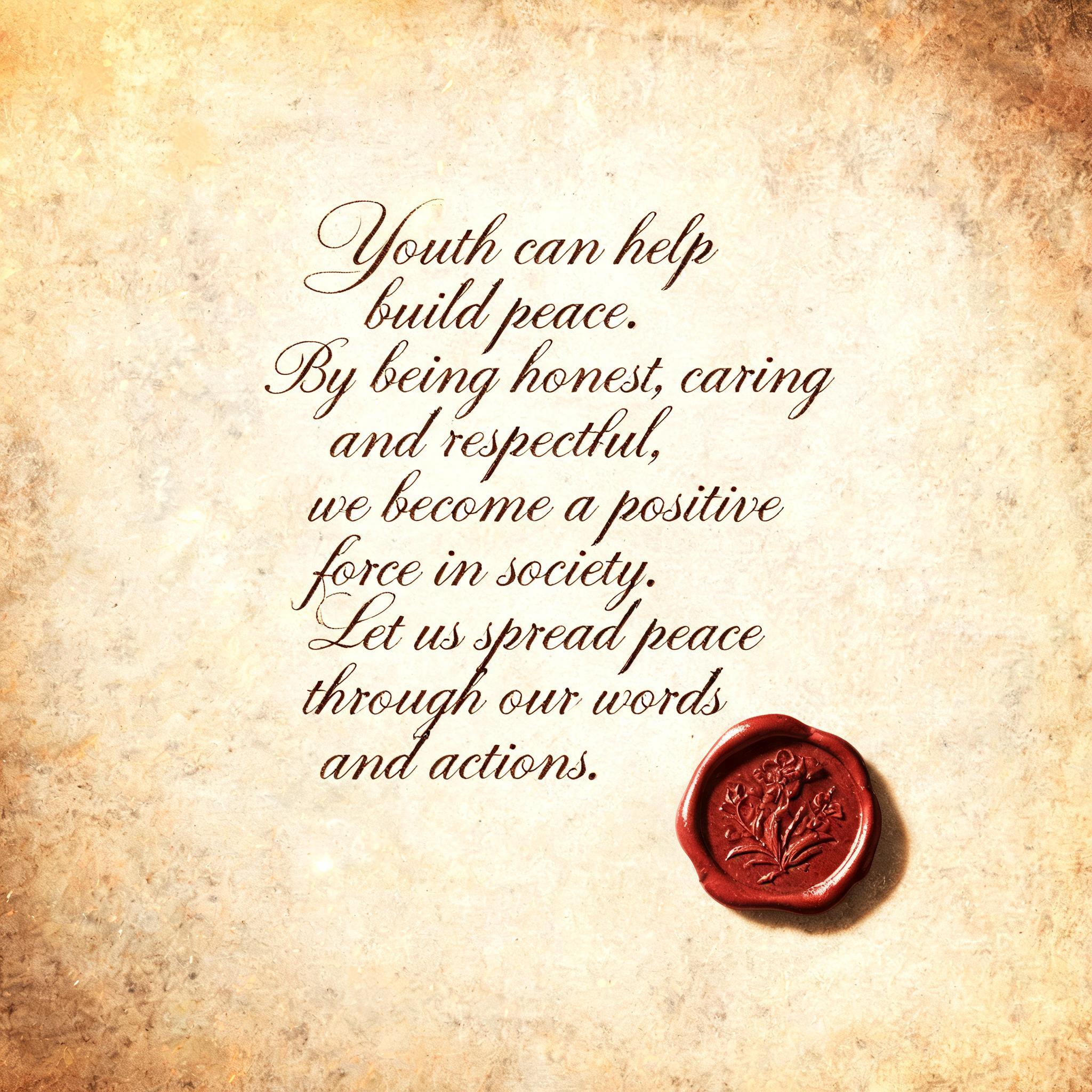 "Youth can help 
build peace.
By being honest, caring
and respectful, 
we become a positive
force in society.
Let us spread peace
through our words
and actions." — Handwritten Script | AI Text Effect Generator