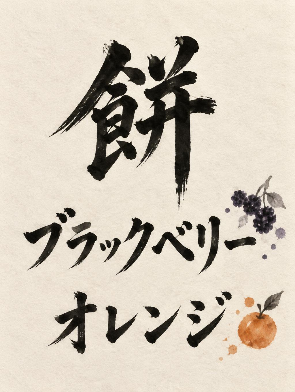 "餅
ブラックベリー
オレンジ" — Brush Japanese Ink | AI Text Effect Generator