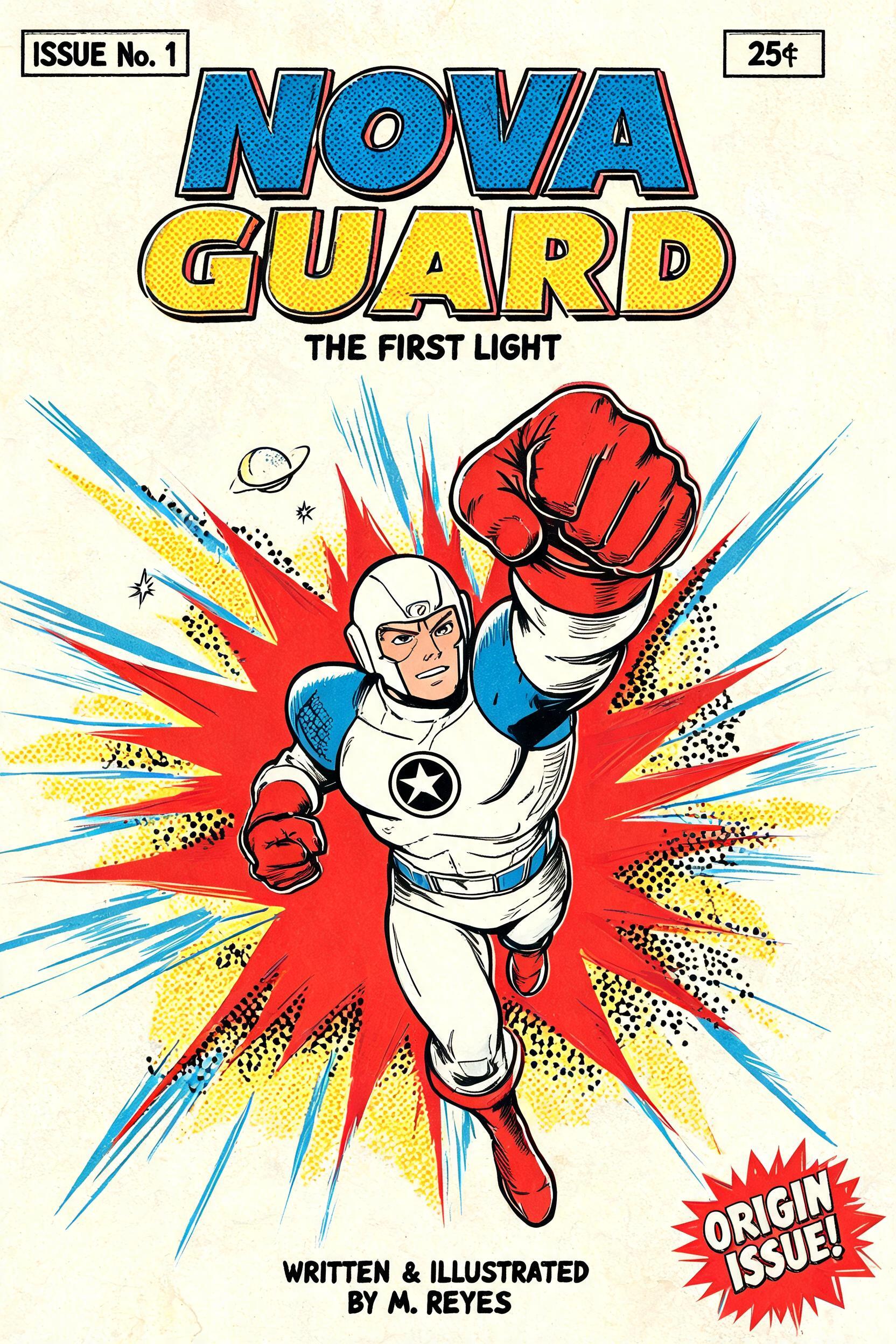 "NOVA
GUARD
THE FIRST LIGHT
ISSUE No. 1
25¢
WRITTEN & ILLUSTRATED BY M. REYES
ORIGIN ISSUE!" — Comic Book | AI Text Effect Generator