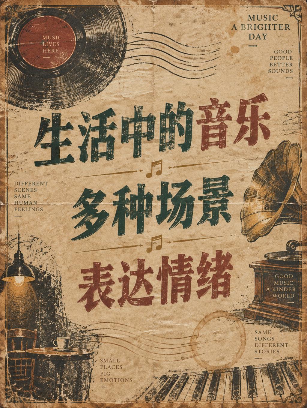 "生活中的音乐

多种场景

表达情绪" — Vintage | AI Text Effect Generator