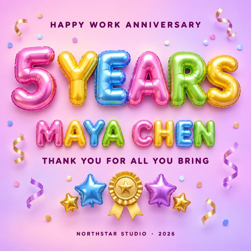 "5 YEARS
MAYA CHEN
HAPPY WORK ANNIVERSARY
THANK YOU FOR ALL YOU BRING
NORTHSTAR STUDIO · 2026" — Y2k Bubbly | AI Text Effect Generator
