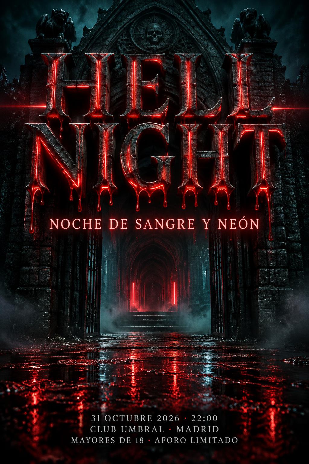 "HELL NIGHT
NOCHE DE SANGRE Y NEÓN
31 OCTUBRE 2026 · 22:00
CLUB UMBRAL · MADRID
MAYORES DE 18 · AFORO LIMITADO" — cinematic text effect