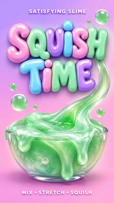 "SQUISH TIME
SATISFYING SLIME
MIX • STRETCH • SQUISH" — 3d Bold Inflated text effect