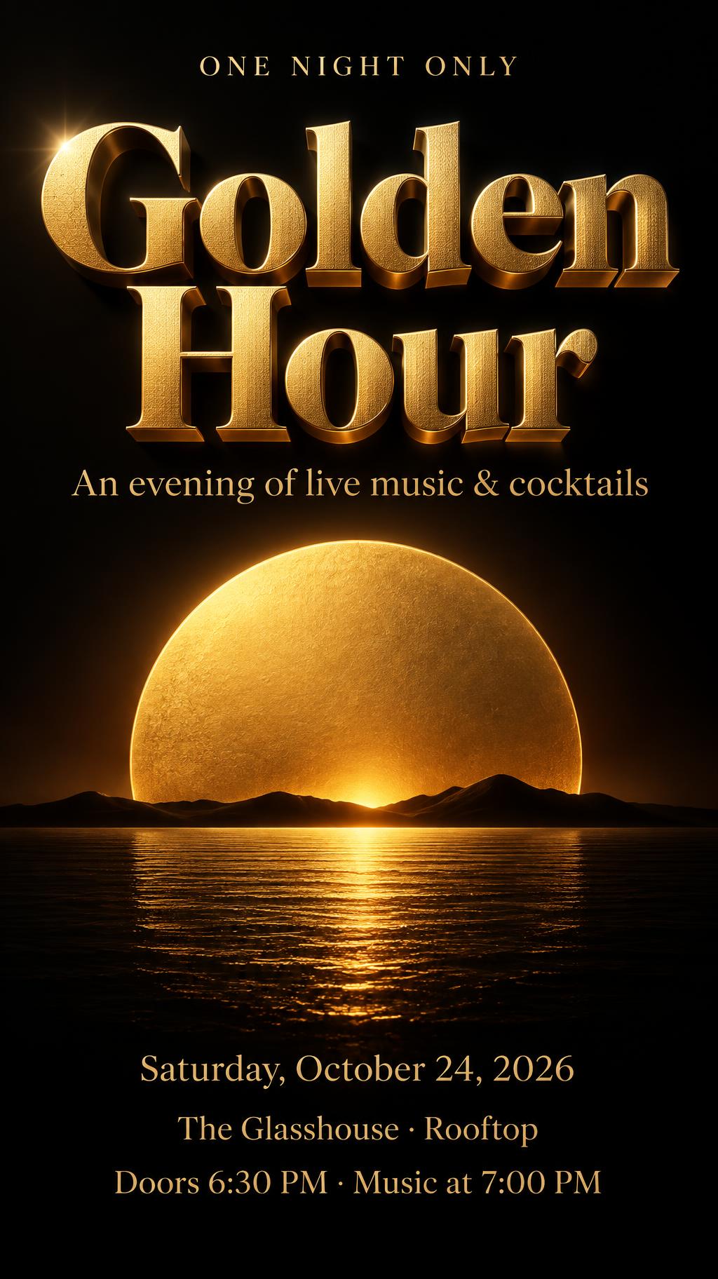 "Golden Hour
An evening of live music & cocktails
Saturday, October 24, 2026
The Glasshouse · Rooftop
Doors 6:30 PM · Music at 7:00 PM
ONE NIGHT ONLY" — 3d Bold Gold text effect