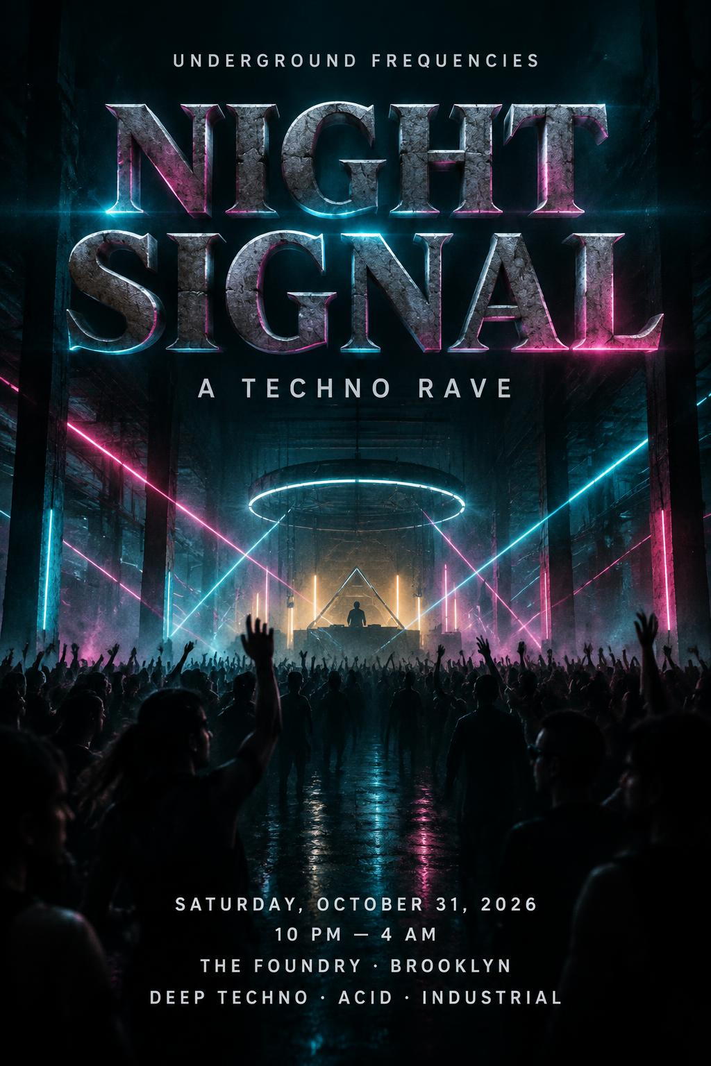 "NIGHT SIGNAL
UNDERGROUND FREQUENCIES
A TECHNO RAVE
SATURDAY, OCTOBER 31, 2026
10 PM — 4 AM
THE FOUNDRY · BROOKLYN
DEEP TECHNO · ACID · INDUSTRIAL" — cinematic text effect