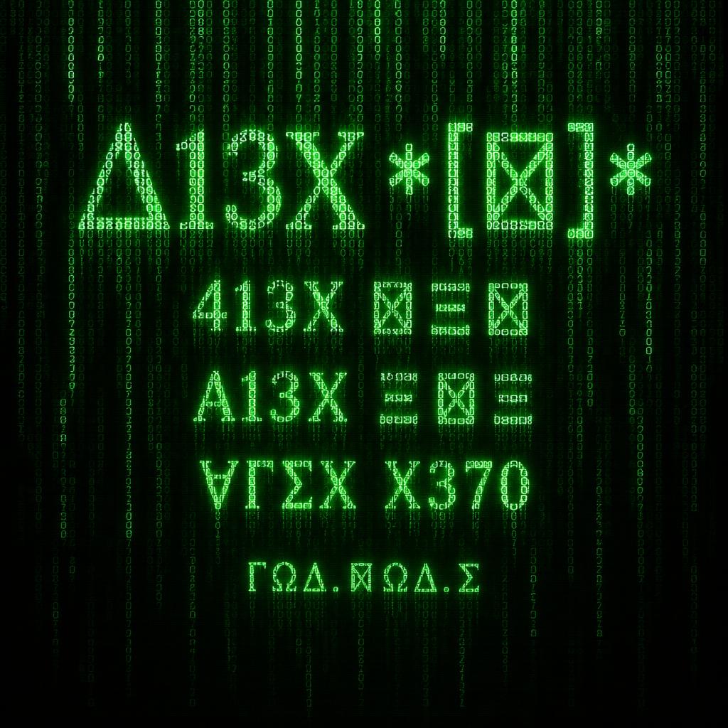 "Δ13X *[🝪]*
413X 🝪Ξ🝪
A13X Ξ🝪Ξ
∀ΓΣX X370
ΓΩΔ.𐊪ΩΔ.Σ" — Cyberpunk Data Stream text effect