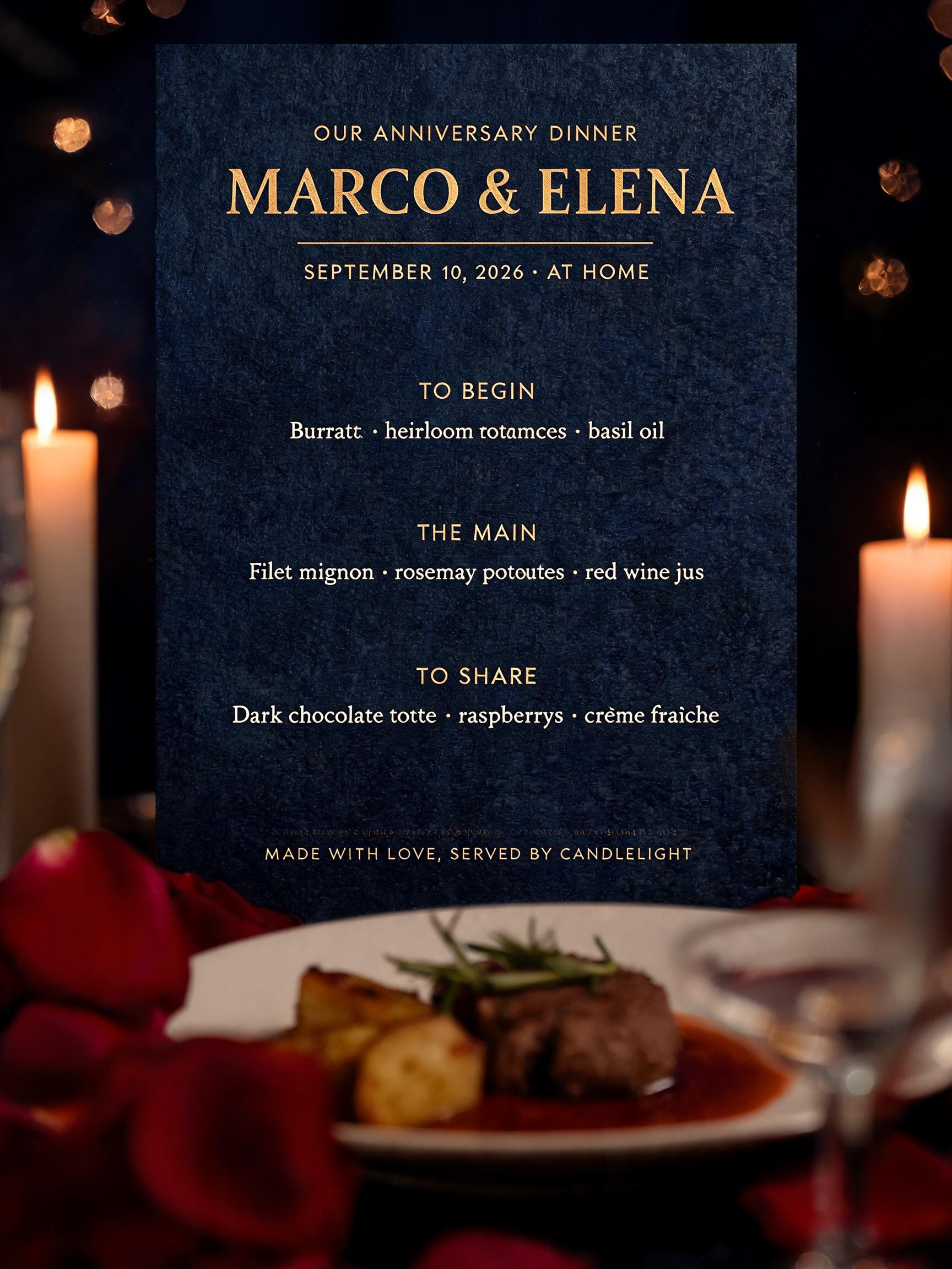 MARCO & ELENA
OUR ANNIVERSARY DINNER
SEPTEMBER 10, 2026 · AT HOME
TO BEGIN
Burrata · heirloom tomatoes · basil oil
THE MAIN
Filet mignon · rosemary potatoes · red wine jus
TO SHARE
Dark chocolate torte · raspberries · crème fraîche
MADE WITH LOVE, SERVED BY CANDLELIGHT