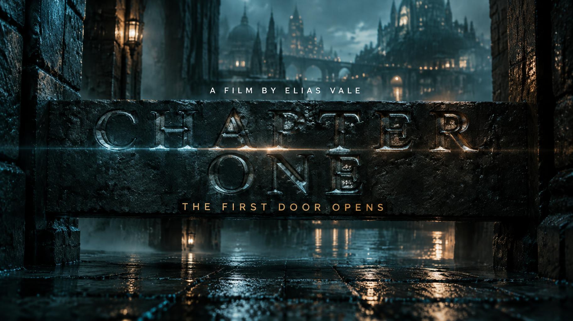 "CHAPTER ONE
A FILM BY ELIAS VALE
THE FIRST DOOR OPENS" — Cinematic Netflix | AI Text Effect Generator