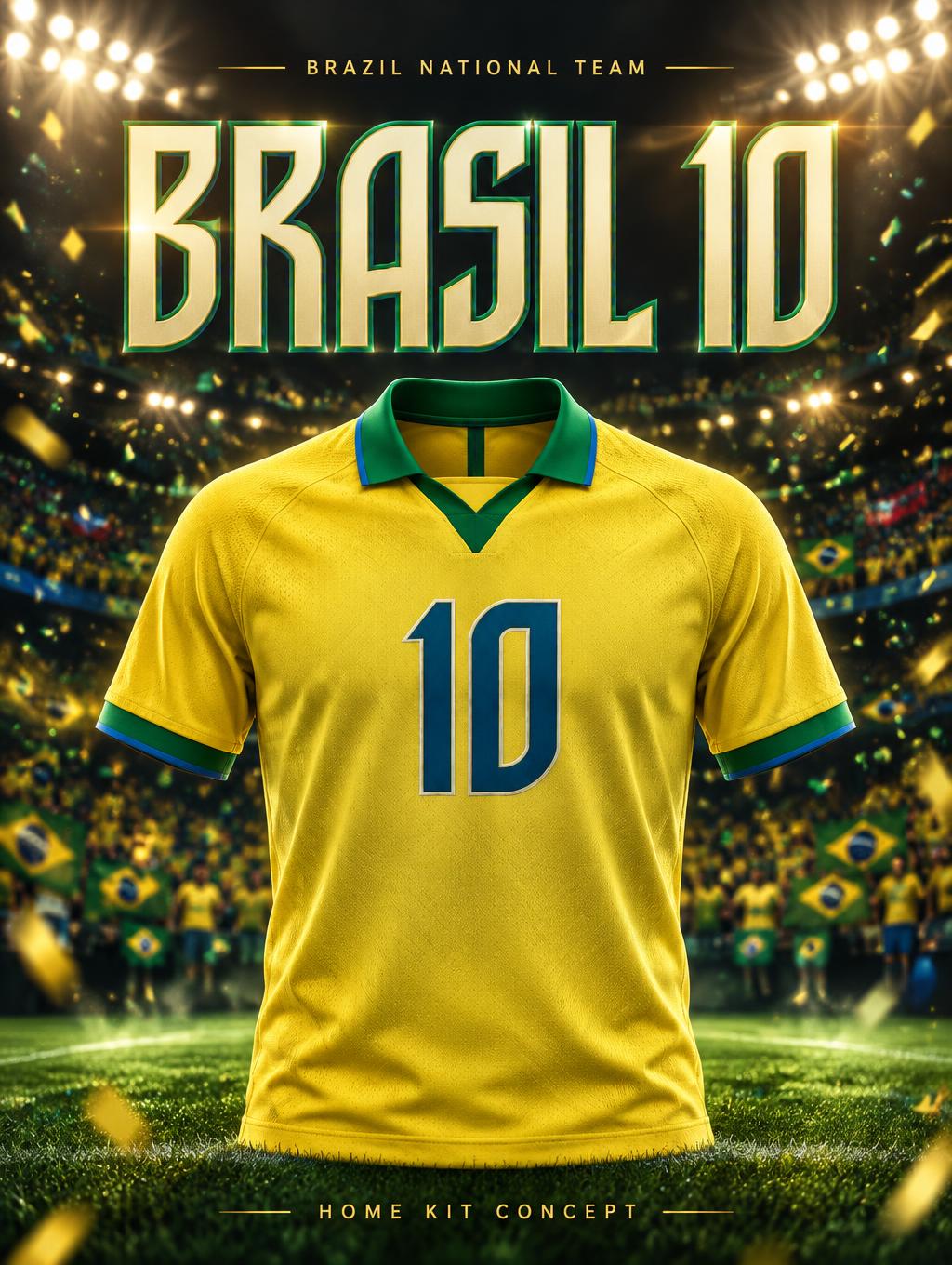 "BRASIL 10
BRAZIL NATIONAL TEAM
HOME KIT CONCEPT
10" — Sports Football | AI Text Effect Generator